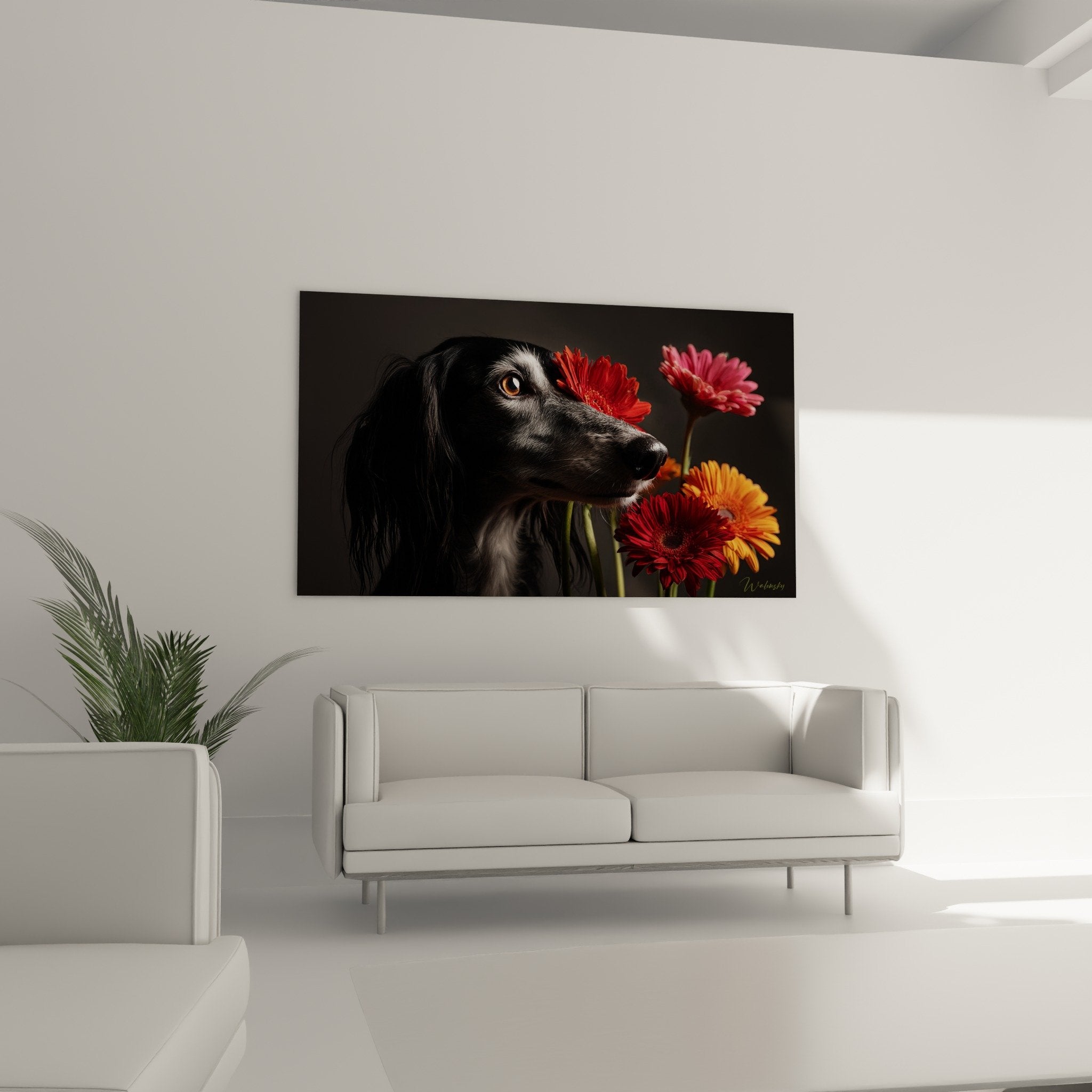 Detailansicht des schwarzen Saluki-Porträts mit bernsteinfarbenen Augen und mehrfarbigen Gerbera-Blüten in Großaufnahme
