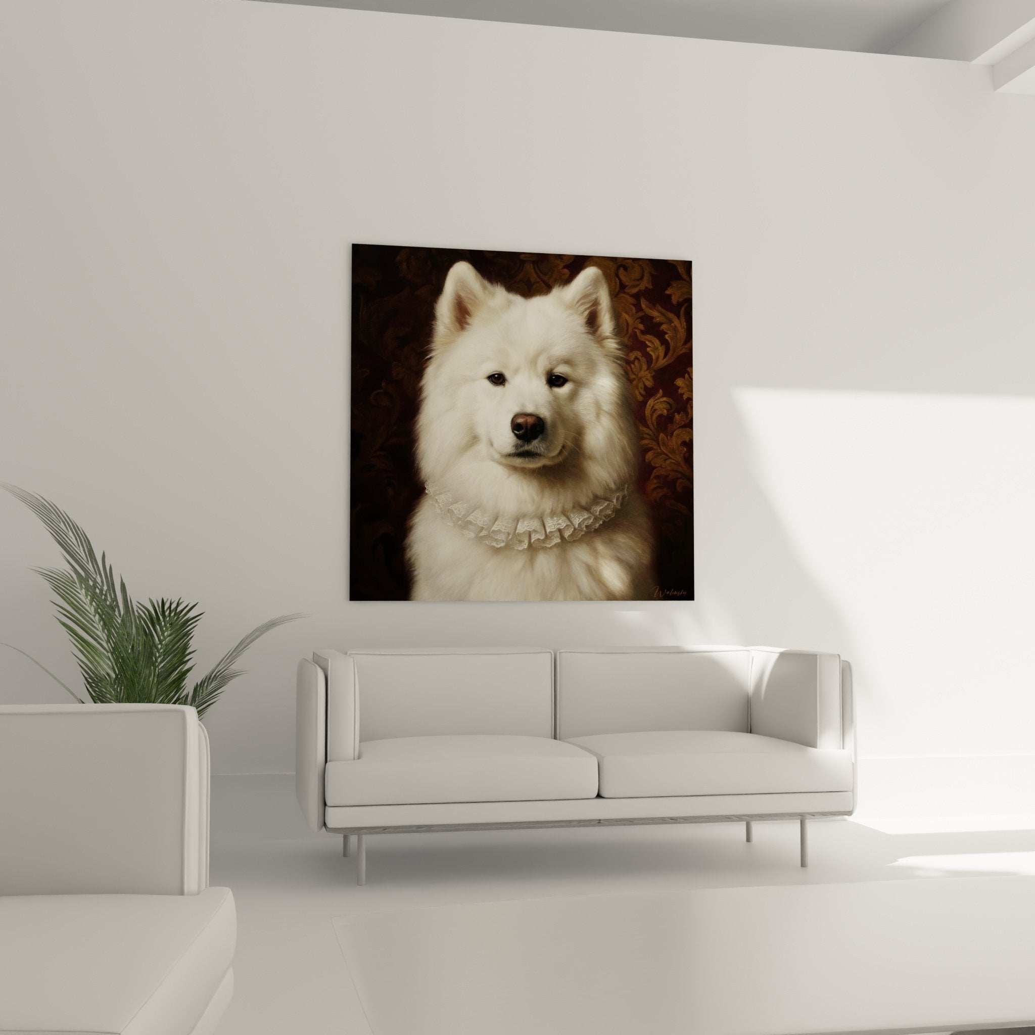 Détail portrait Samoyède blanc yeux expressifs collerette dentelle peinture réaliste gros plan
