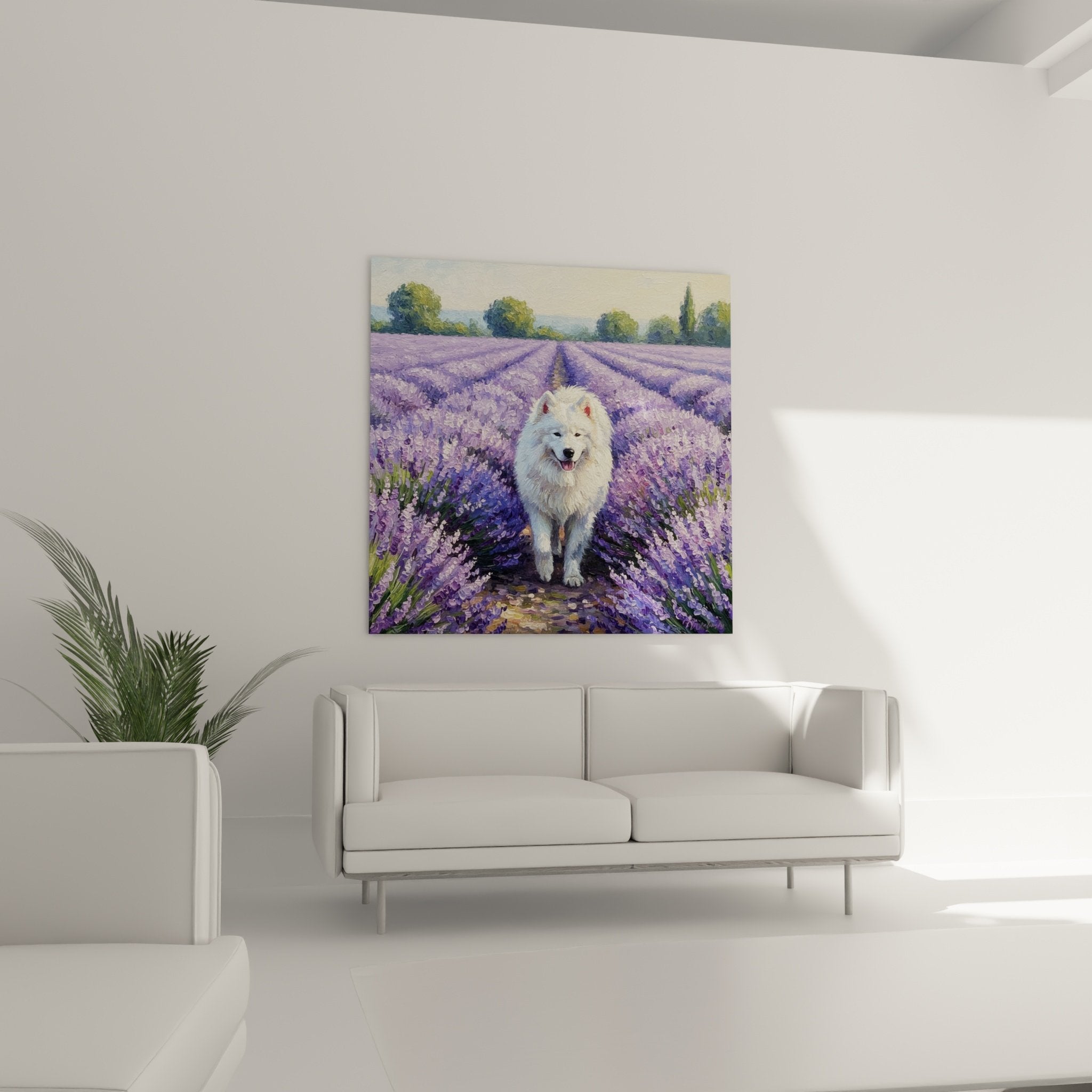 Détail peinture Samoyède blanc expression heureuse texture fourrure lavande violette technique picturale