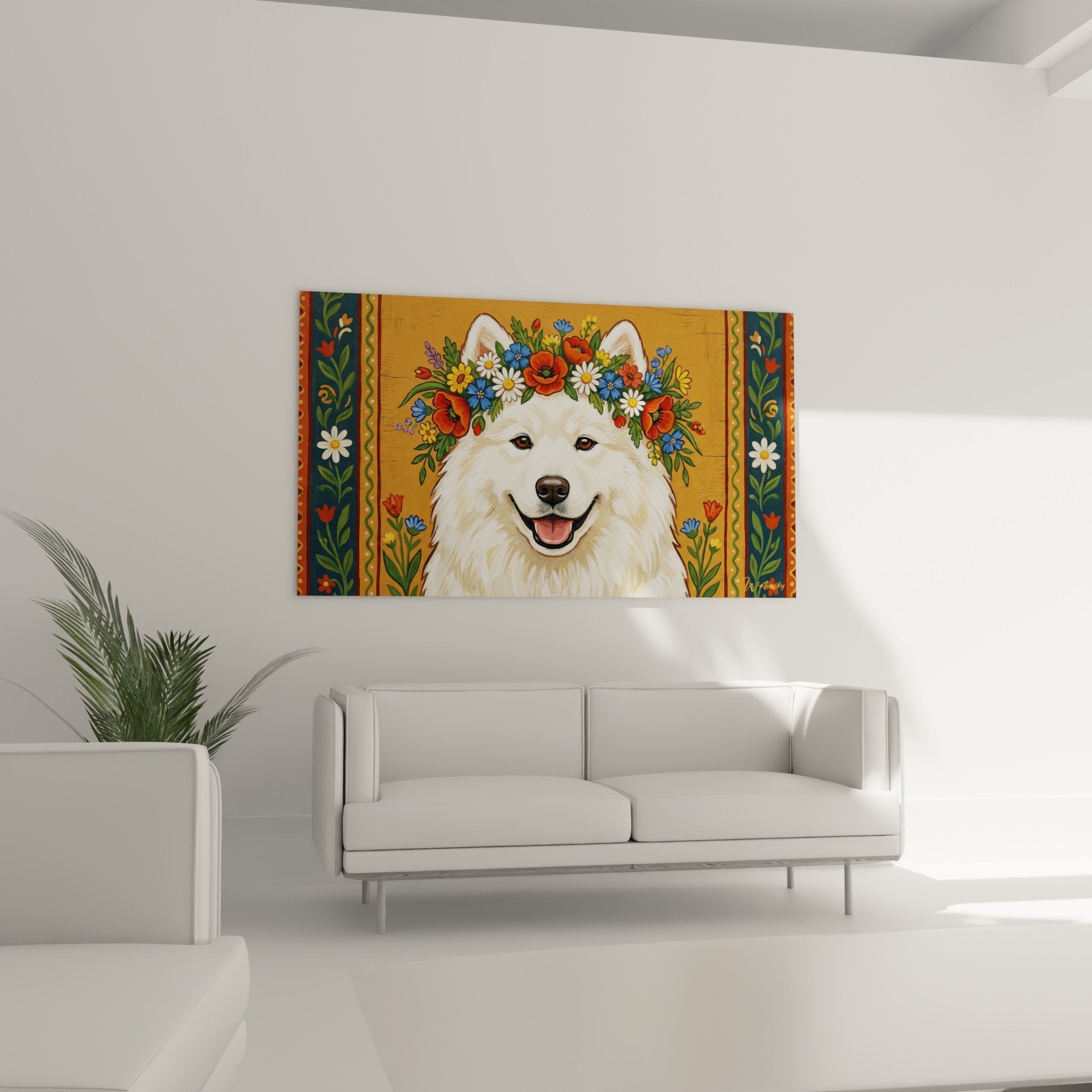 Détail portrait Samoyede souriant couronne coquelicots rouges marguerites blanches fleurs bleues jaunes