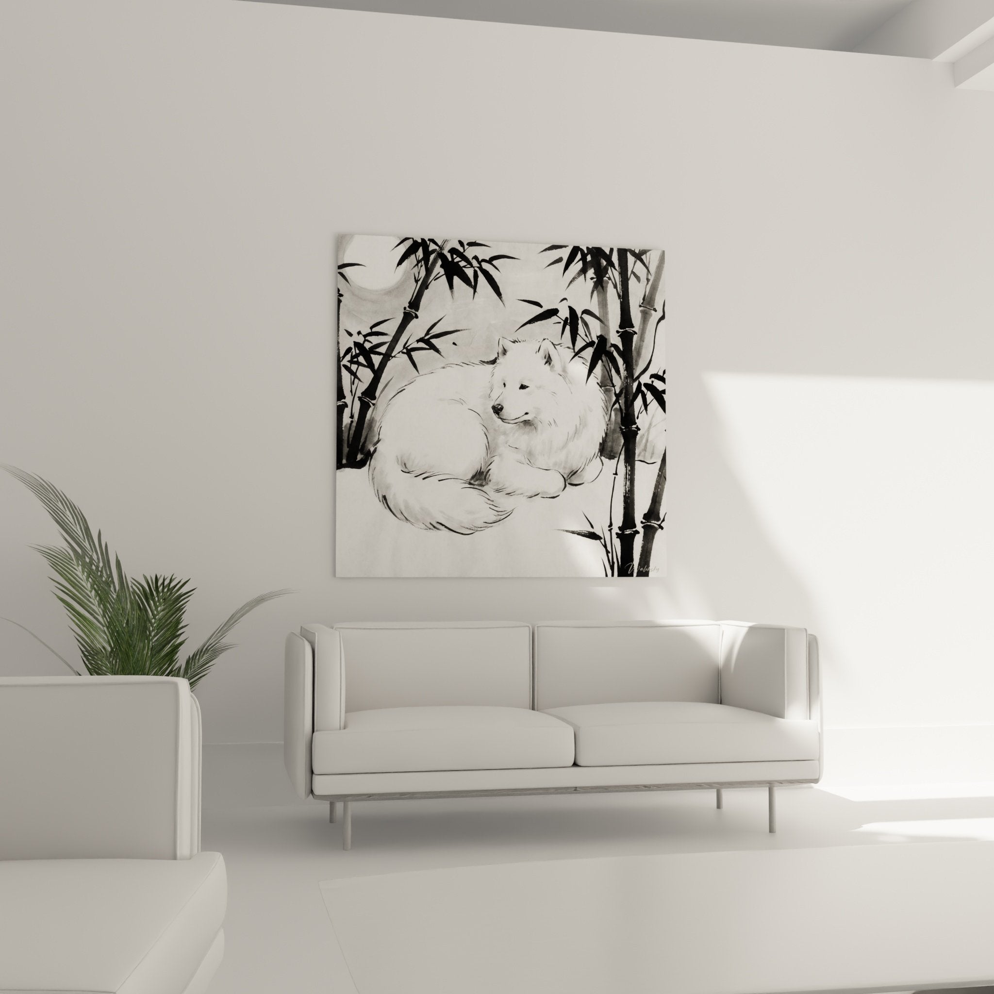 Détail artistique pelage blanc Samoyede au repos, contraste saisissant avec bambous noirs, technique lavis encre