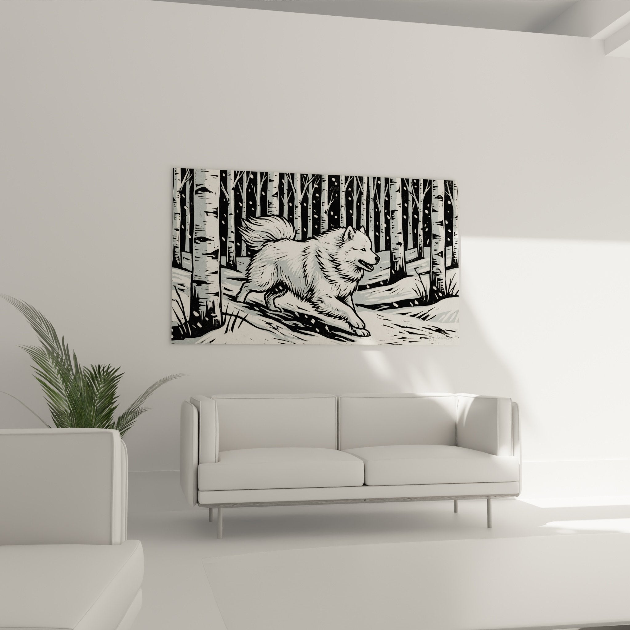 Detail tableau Samoyede pelage blanc contraste troncs bouleaux noirs technique graphique