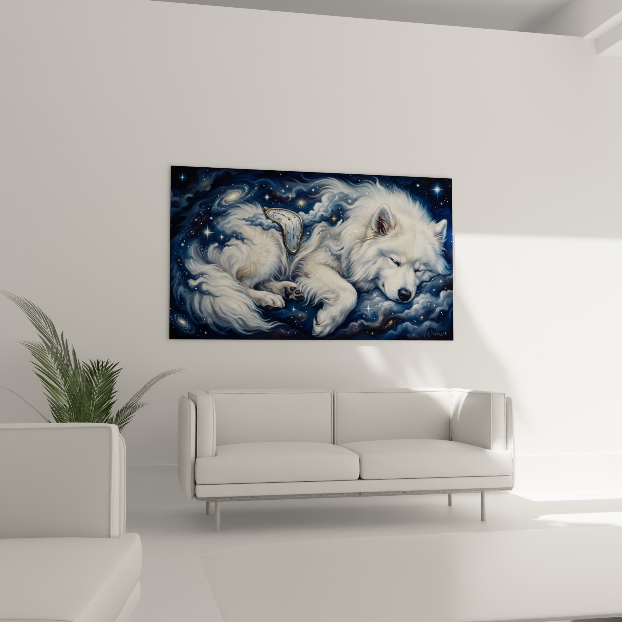 Detail samoyede endormi pelage blanc nuages vaporeux expression paisible sommeil profond