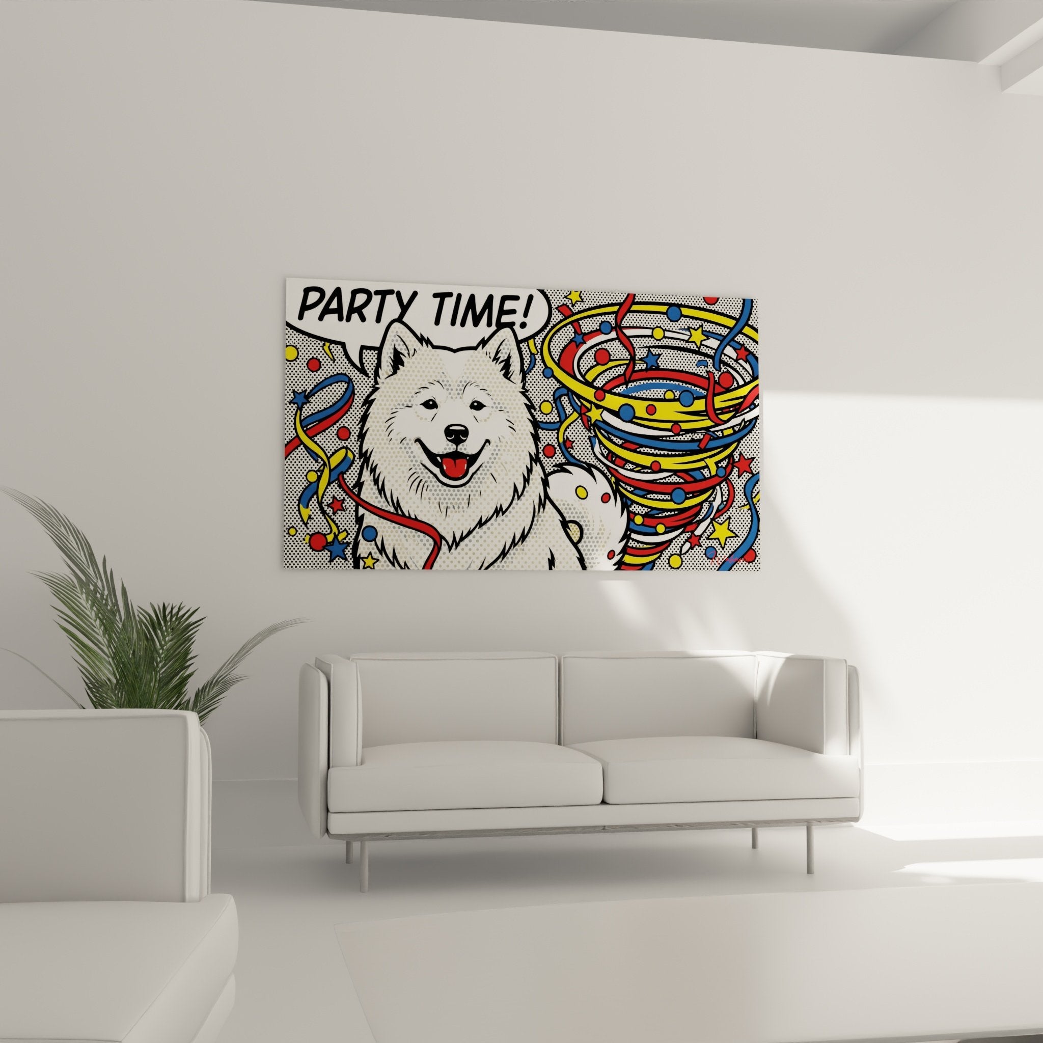 Dettaglio volto Samoiedo bianco sorridente con lingua rosa su sfondo grafico retinato stile pop art contemporaneo