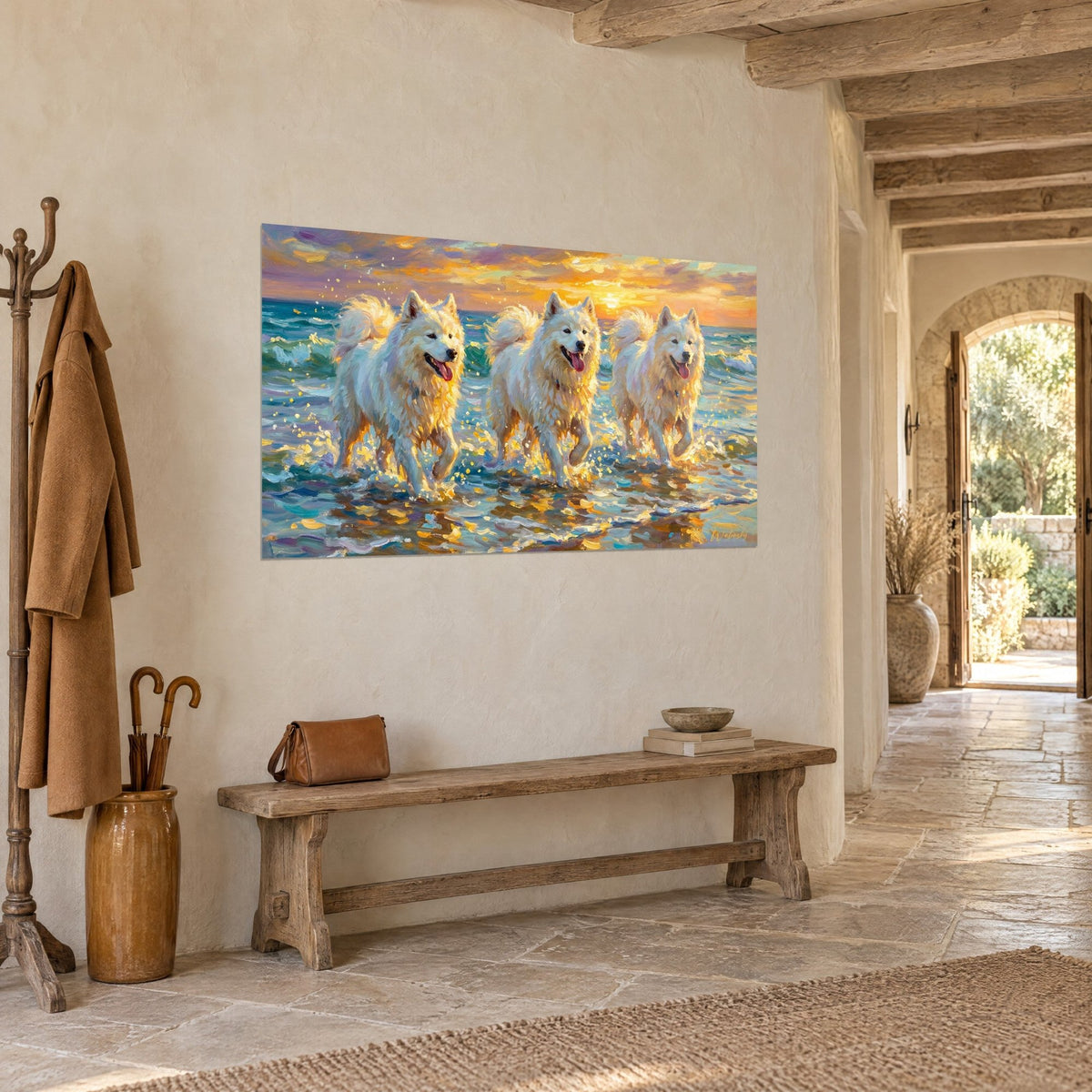 Wall art Samoyeds with laughing mouths and pink tongues splashing golden water, hung on a stone wall in a bright hallway