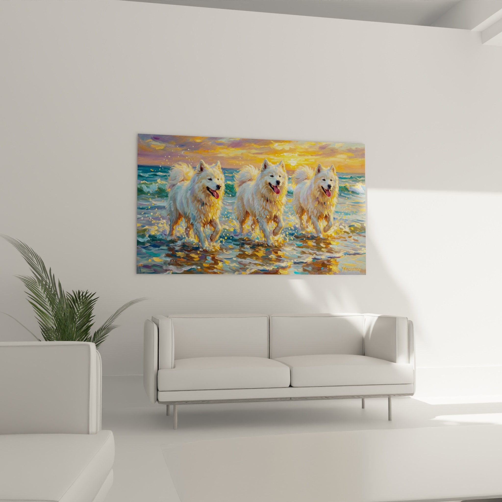 Détail peinture samoyèdes éclaboussures eau pelage blanc reflets dorés technique picturale réaliste