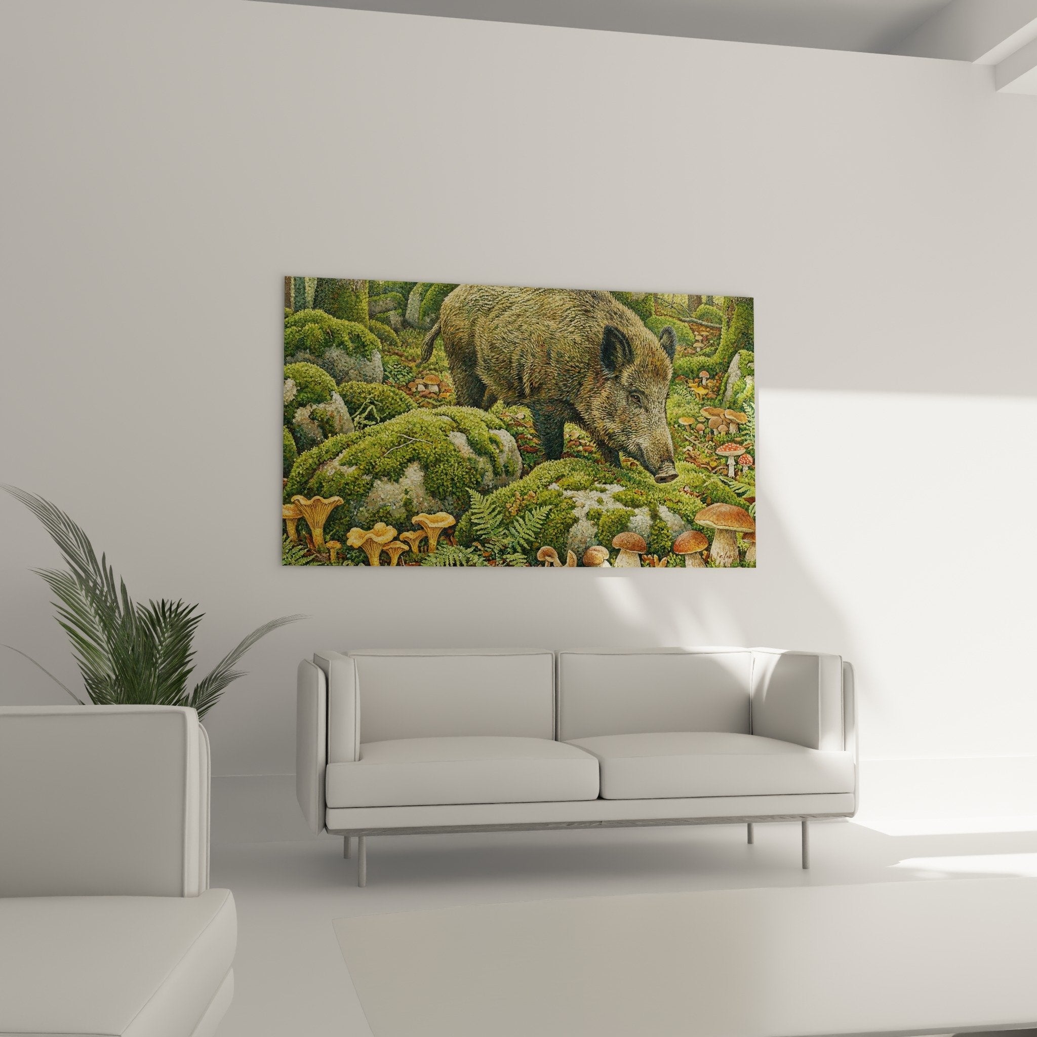 Wild boar painting detail with brown fur texture green moss golden mushrooms realistic pictorial technique