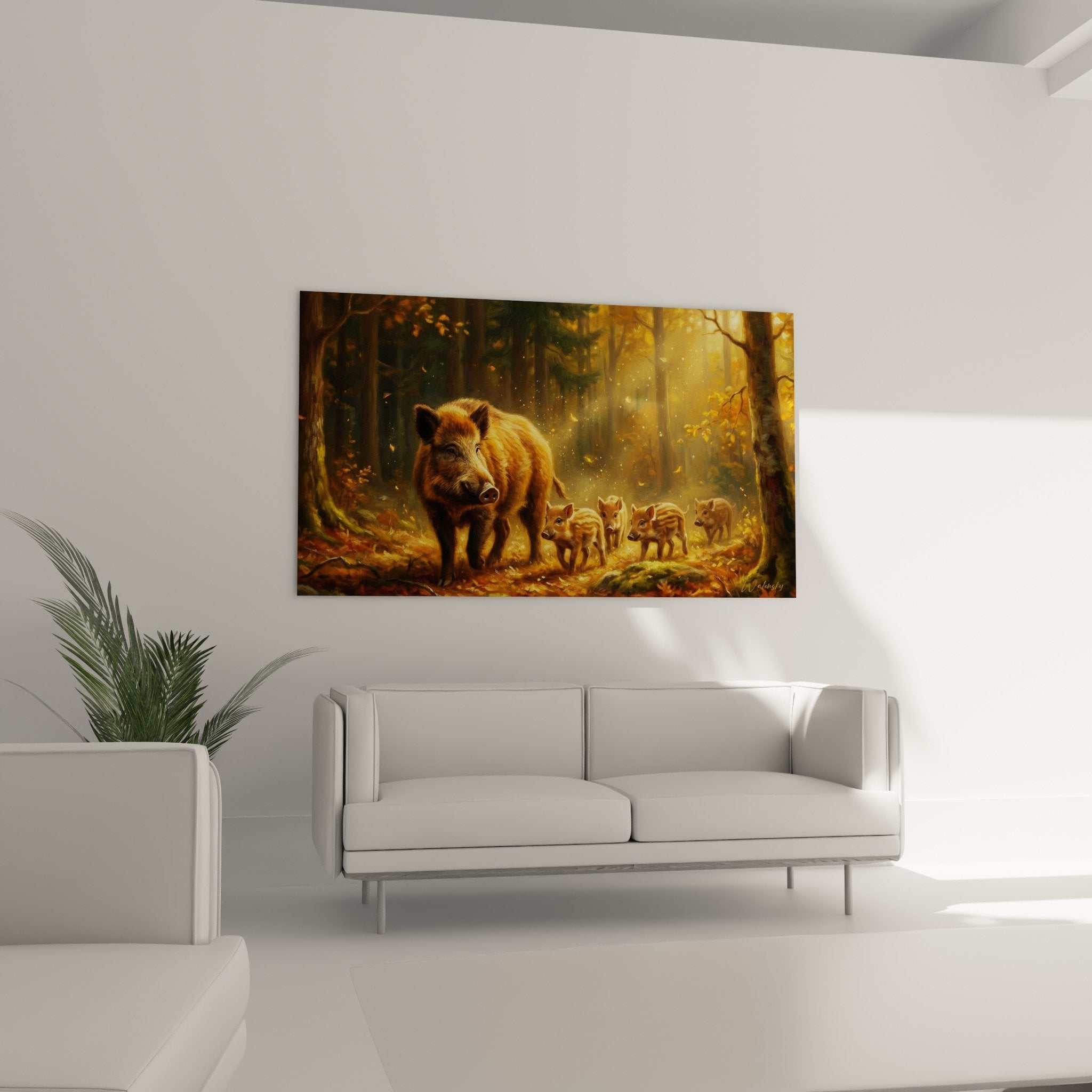 Detail tableau sangliers famille foret lumiere doree particules atmosphere feerique art animalier
