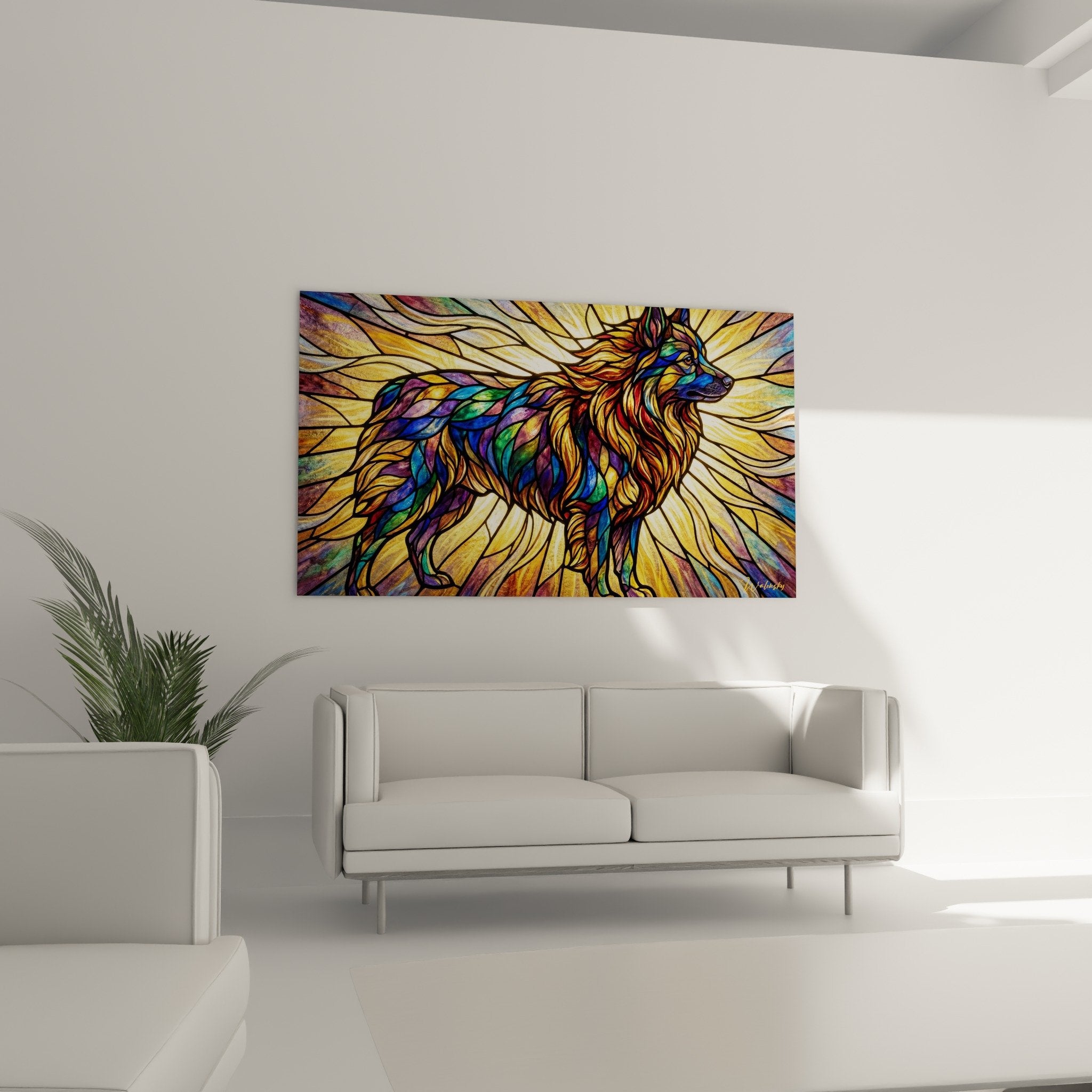 Detail tableau schipperke art vitrail couleurs chatoyantes texture prismatique nuances colorees