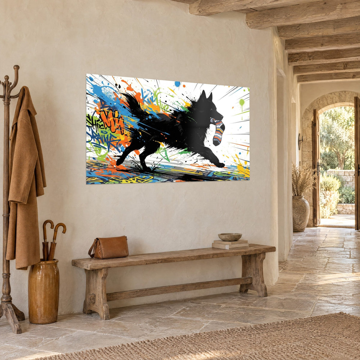 Gemälde eines Schipperke im vollen Lauf, zerzauster schwarzer Pelz, orangefarbene und anisgrüne Graffiti, auf einer verputzten Wand eines Steinhauses