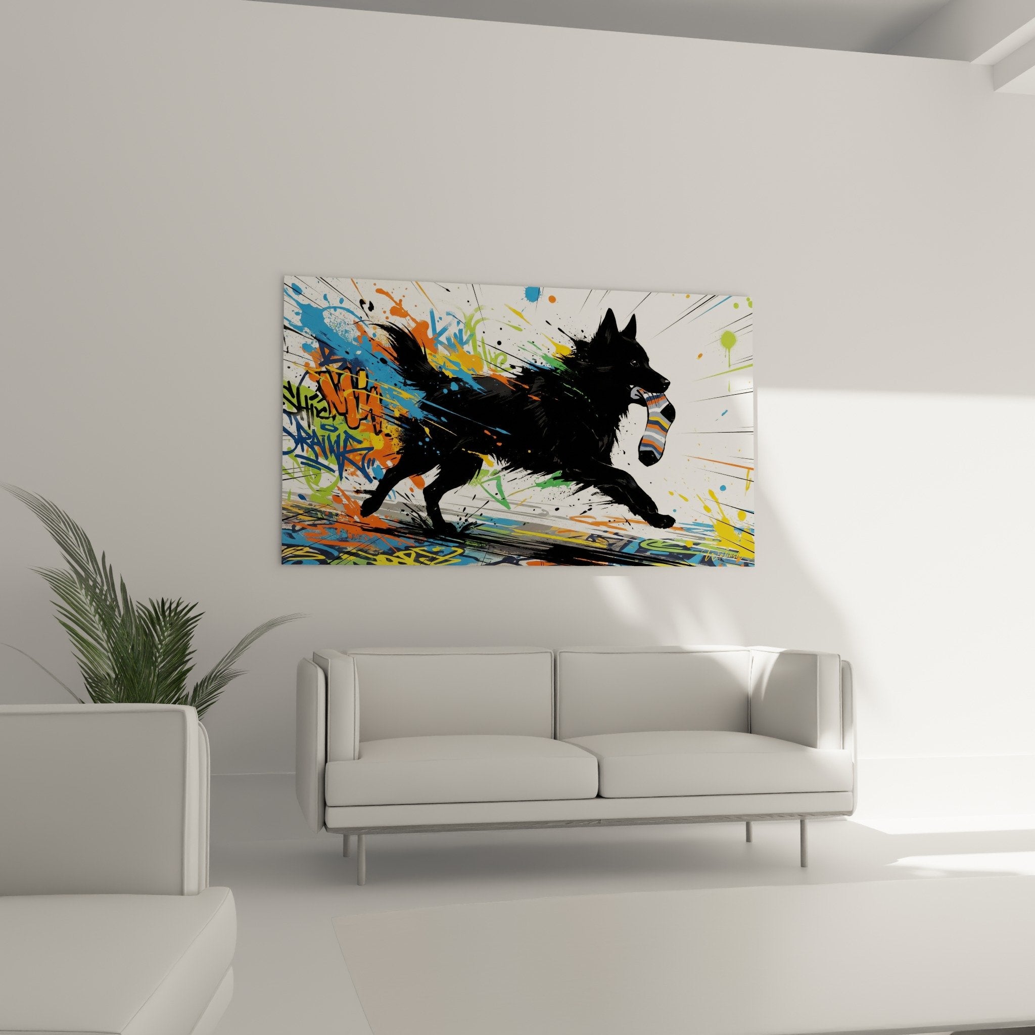 Detail Gemälde Schipperke mit gestreifter Socke und künstlerischen blauen orangefarbenen Farbspritzern