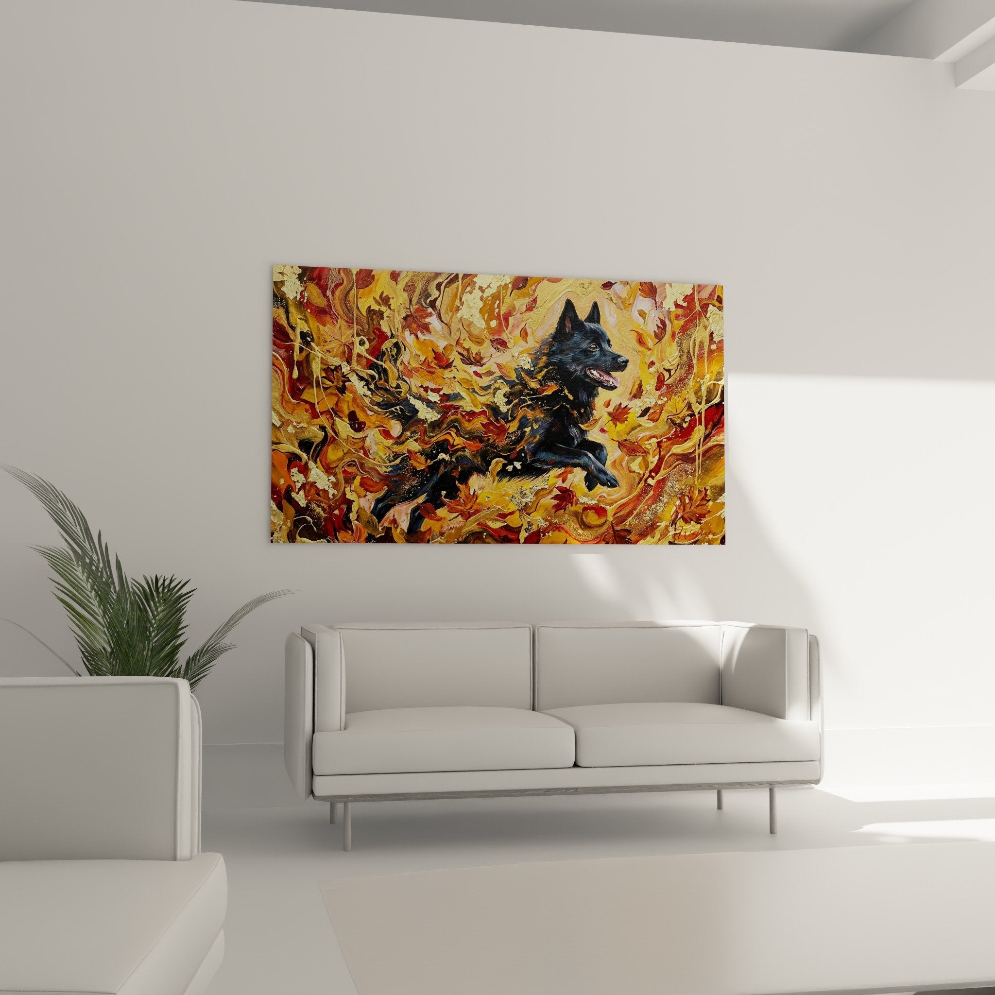 Detail peinture Schipperke flammes dorées texture empâtements reflets metalliques closeup