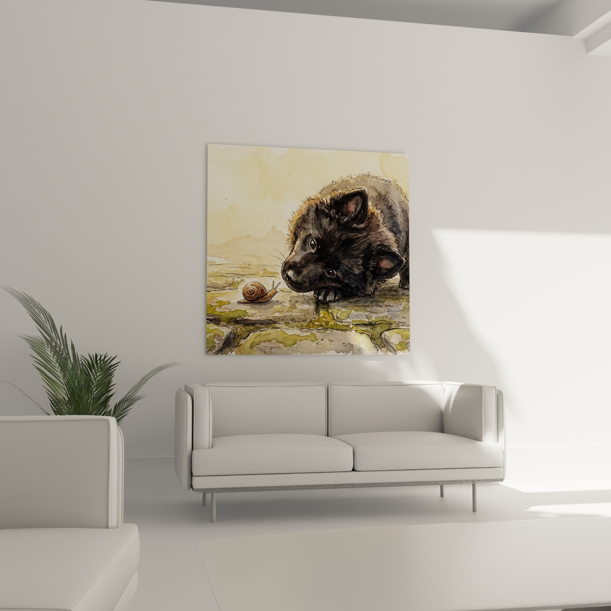 Detail aquarelle Schipperke noir aux yeux expressifs regardant escargot, technique picturale delicate tons chauds