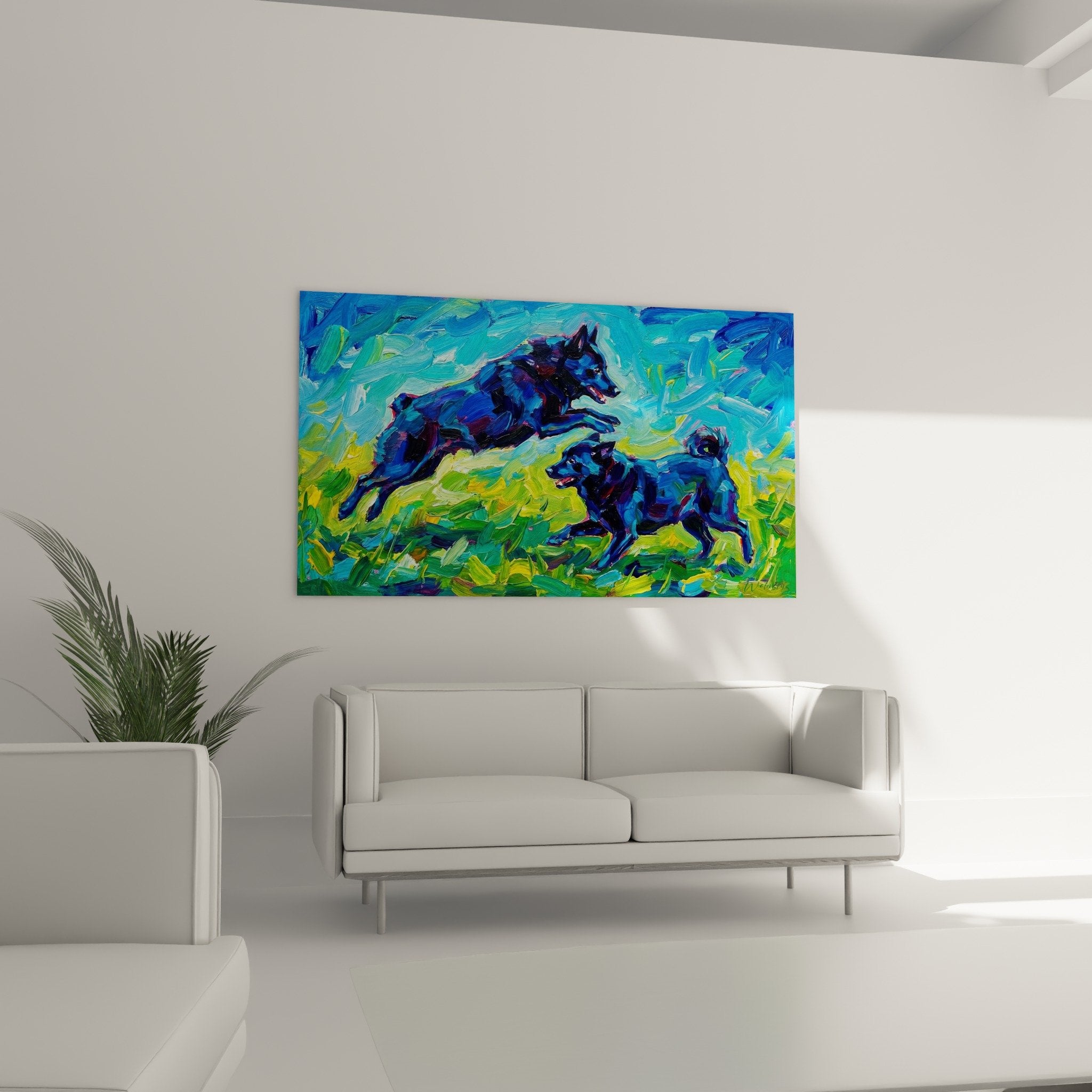 detail tableau schipperke coups pinceau expressifs bleus verts textures colorees