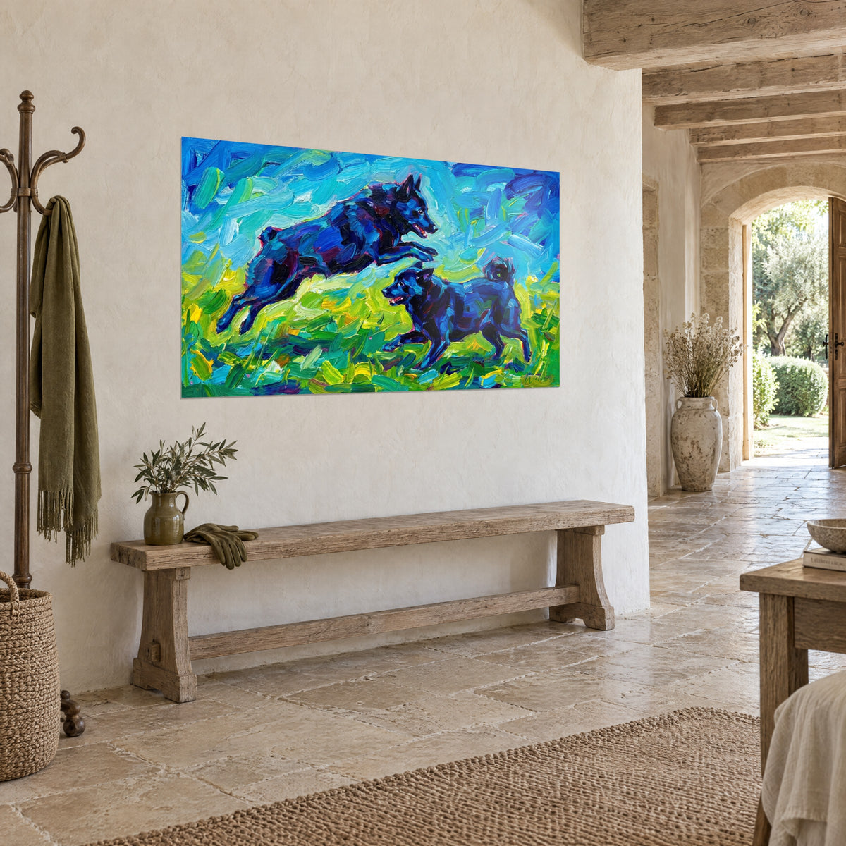 Wall art of a Schipperke in full sprint, indigo coat and apple-green meadow, on a cream stone wall, three-quarter view