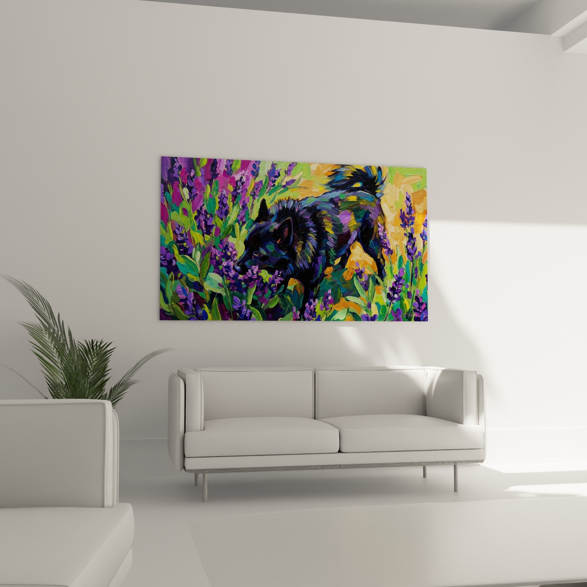 Detail Gemälde Schipperke Fell mit blauen und goldenen Reflexen impressionistische Maltechnik sichtbar