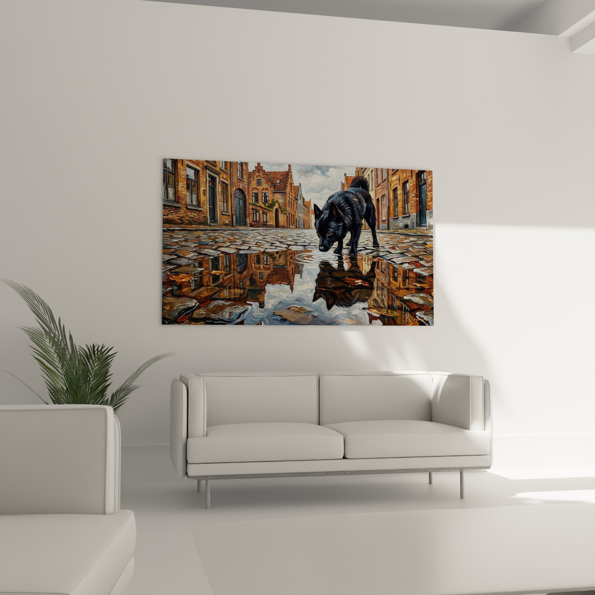 Détail tableau Schipperke noir reflets flaque pavés anciens - qualité peinture réaliste urbaine