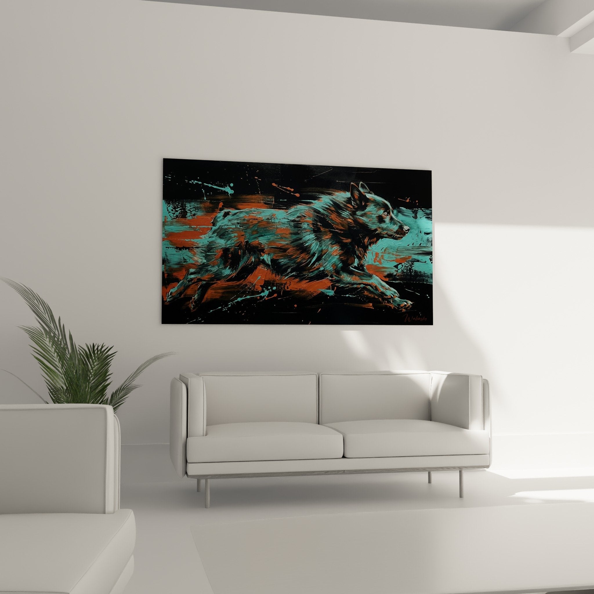 Detail peinture Schipperke turquoise orange eclaboussures texture artistique contemporaine