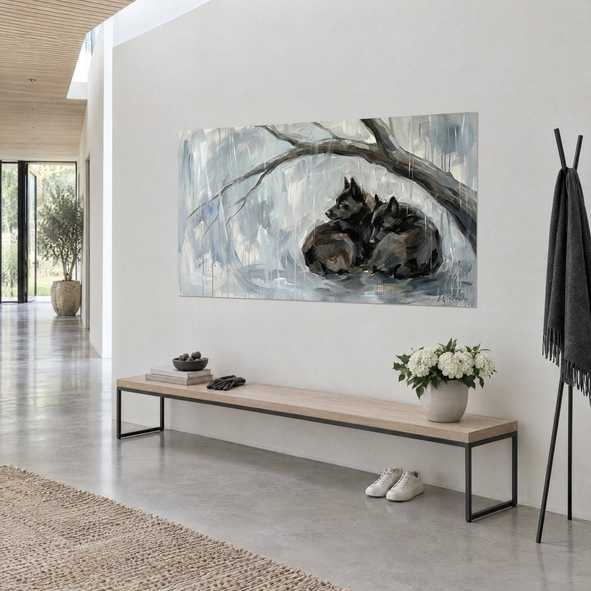 Wall art pair of Schipperkes curled up together, coal-black coat on a rain-streaked blue-grey background, seen three-quarter view above a wooden bench