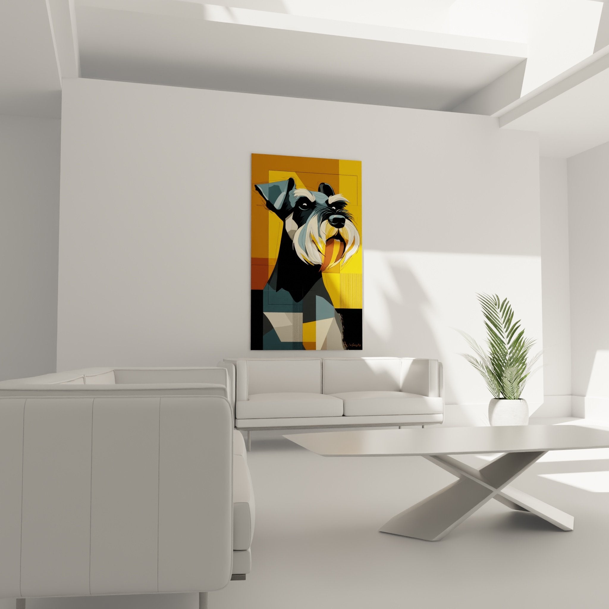 detail portrait schnauzer geometrique yeux noirs truffe langue rose art moderne facettes
