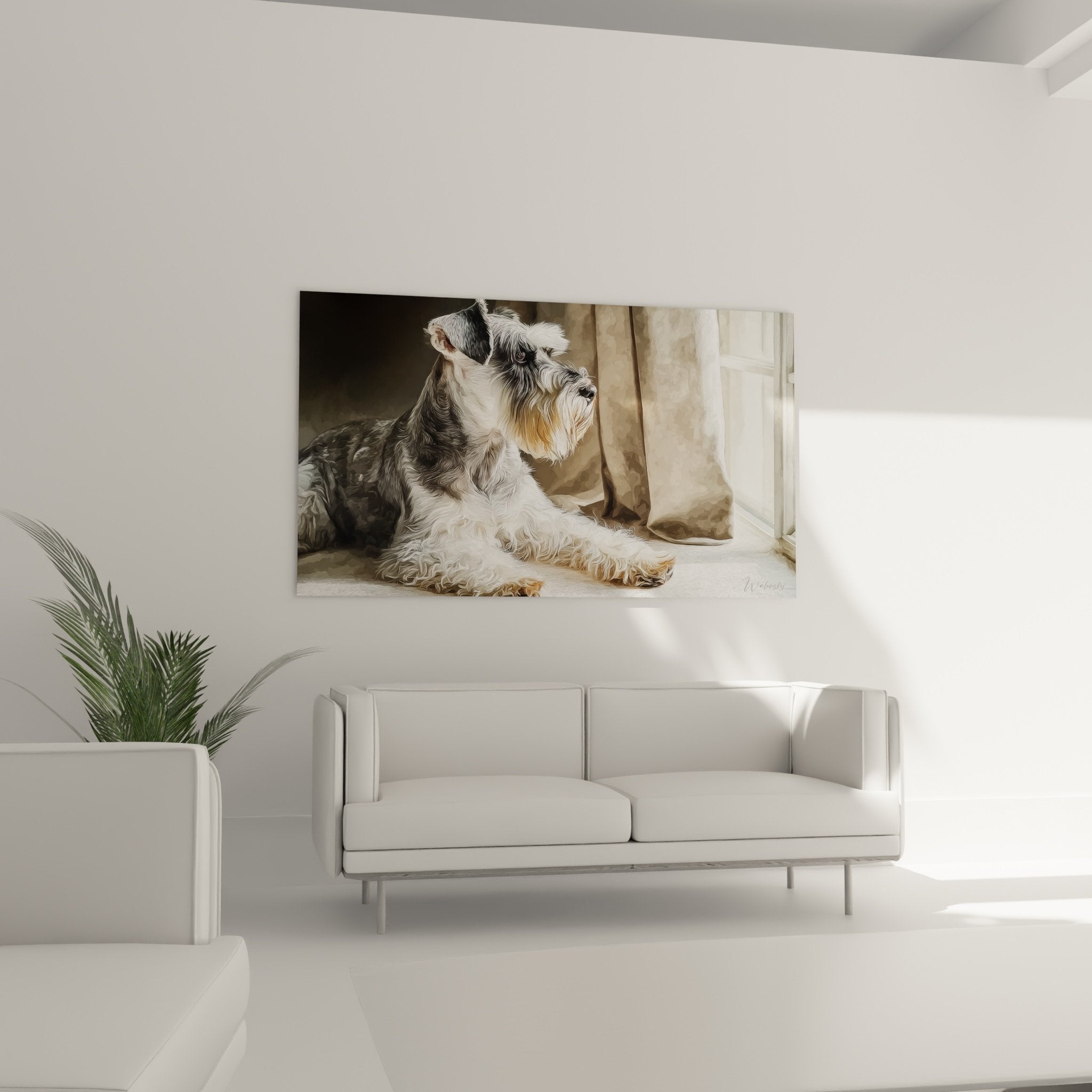 Détail tableau Schnauzer, pelage gris argenté et blanc, texture artistique, peinture réaliste chien