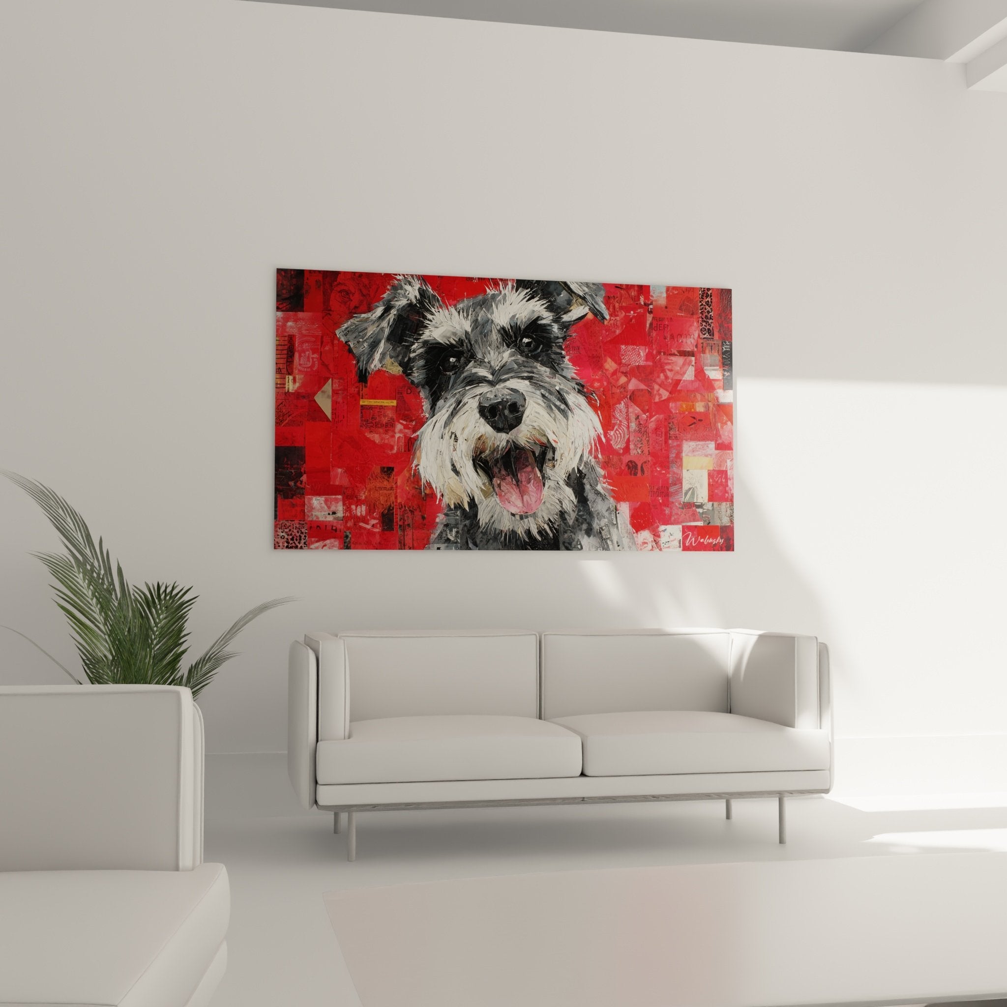 Detail portrait Schnauzer pelage gris yeux noirs fond rouge vermillon technique collage art canin