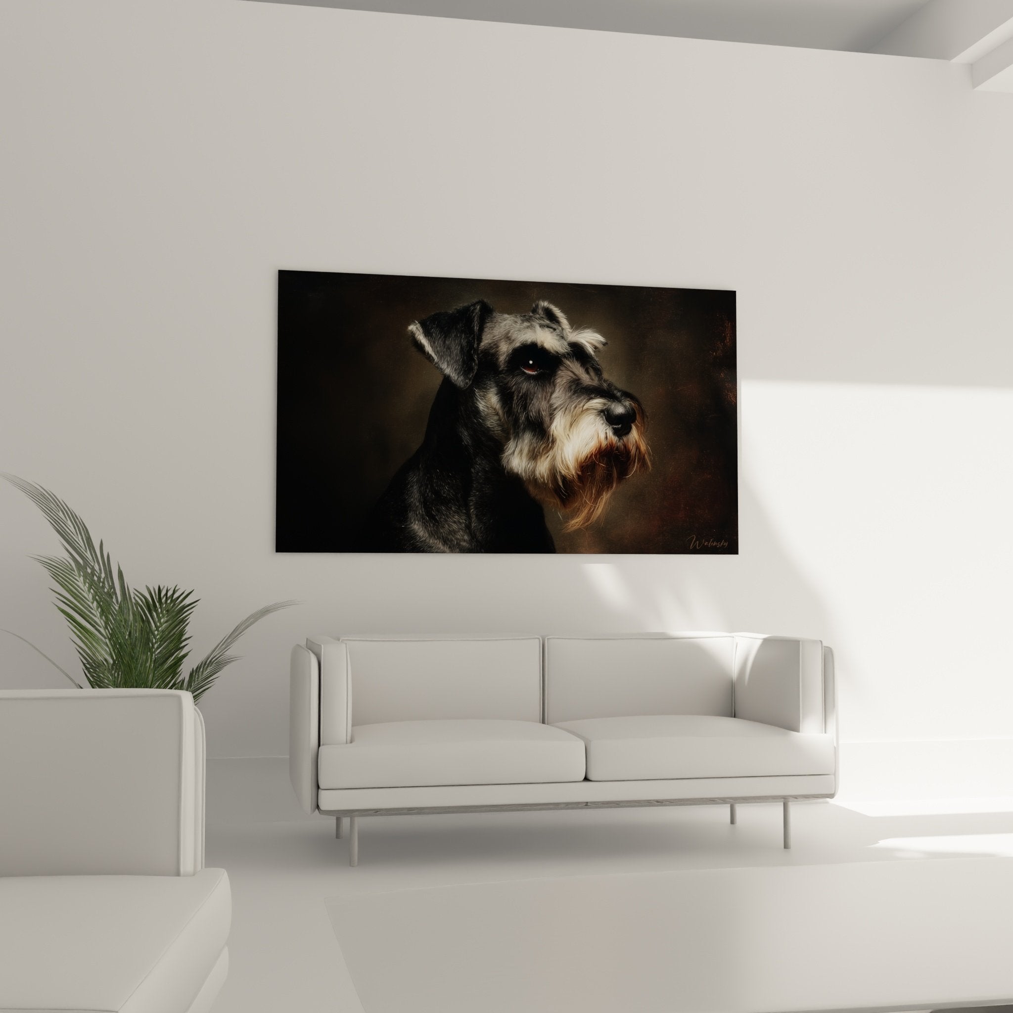 Gros plan détail tableau Schnauzer pelage gris texture réaliste yeux ambrés art mural canin