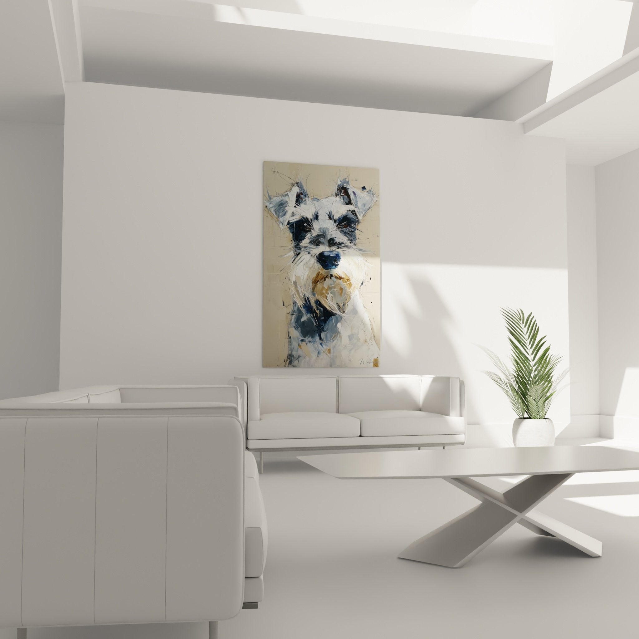 Détail portrait Schnauzer peinture gestuelle, regard expressif et textures dynamiques visibles