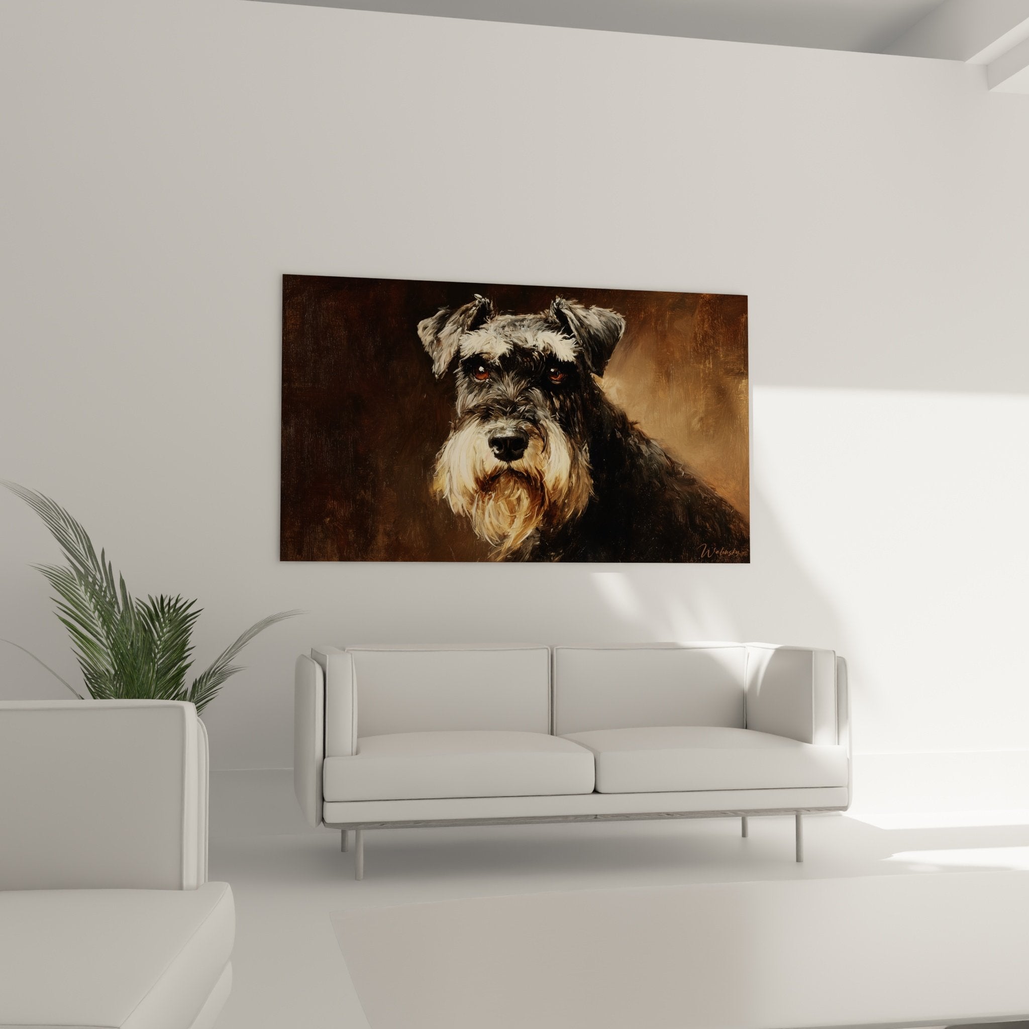Detailporträt Schnauzer realistische Malerei, ausdrucksstarke kupferfarbene Augen und Fellstruktur