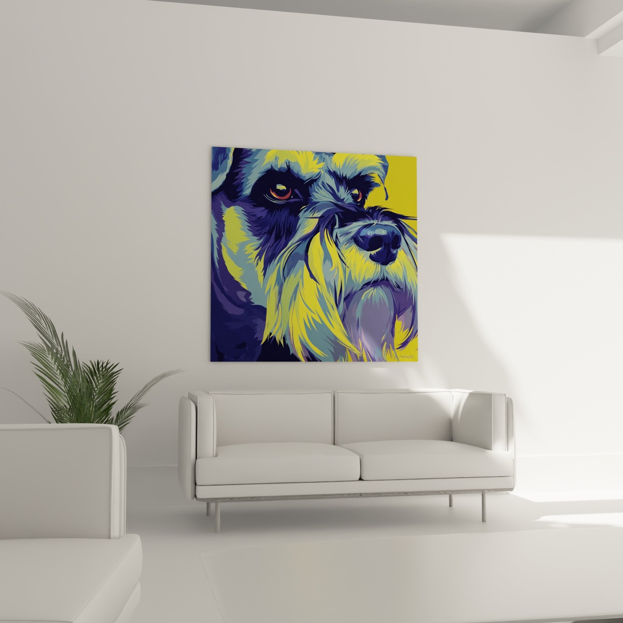 Détail portrait schnauzer artistique, yeux expressifs reflets cuivrés, peinture moderne colorée