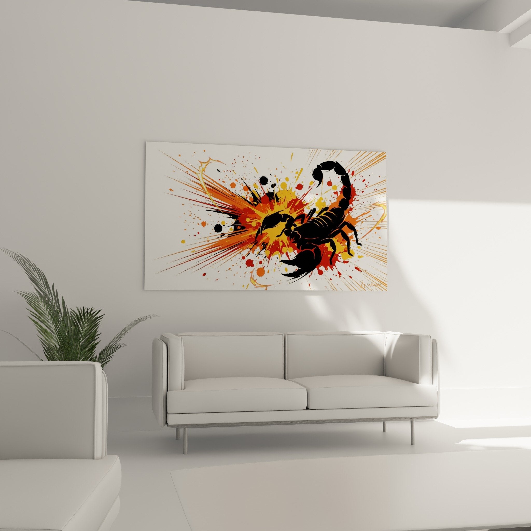 Detail rapproche scorpion noir silhouette detaillee sur fond explosion orange rouge avec texture eclaboussures peinture