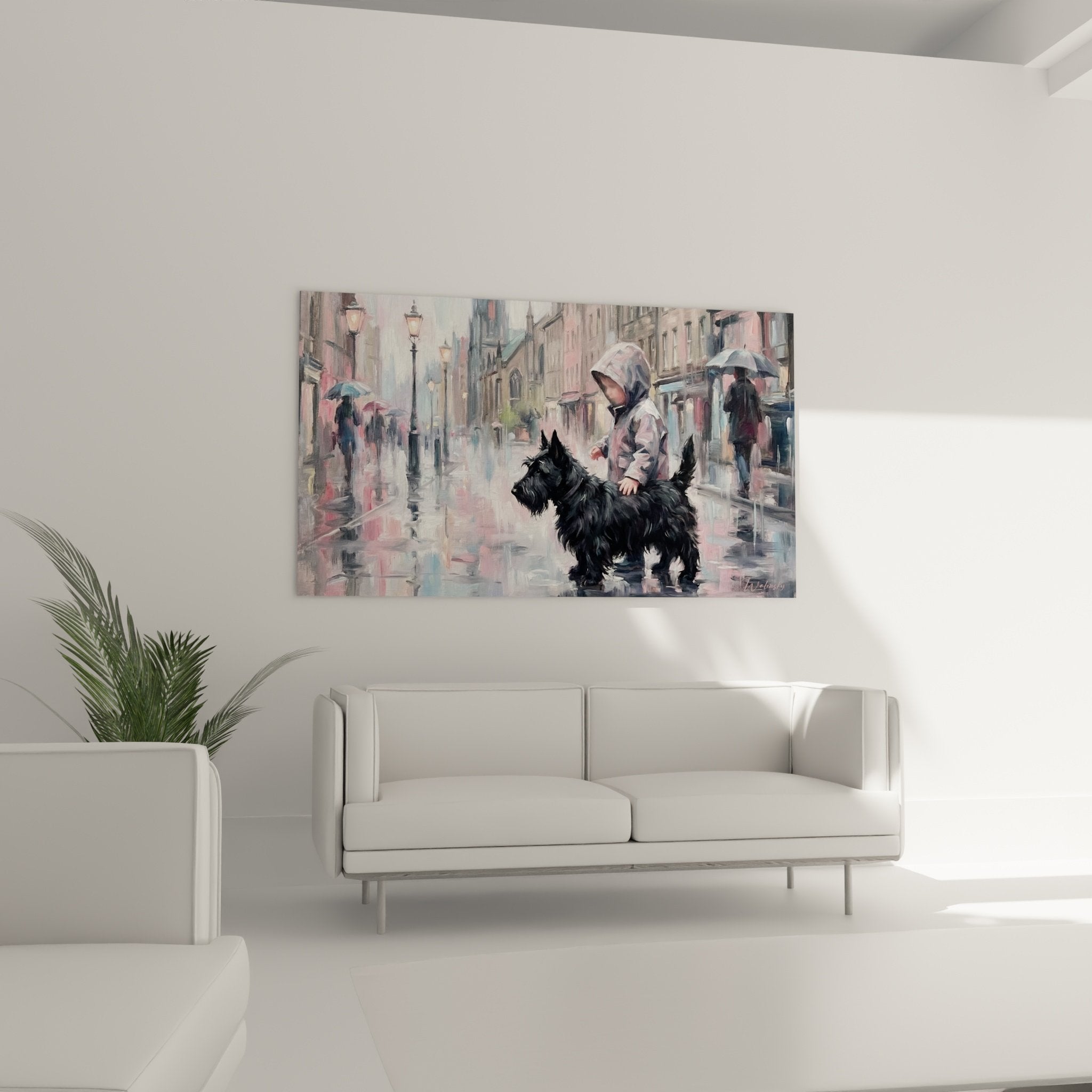 Détail rapproché du Scottish Terrier noir et enfant au capuchon rose sur pavés mouillés avec reflets dorés