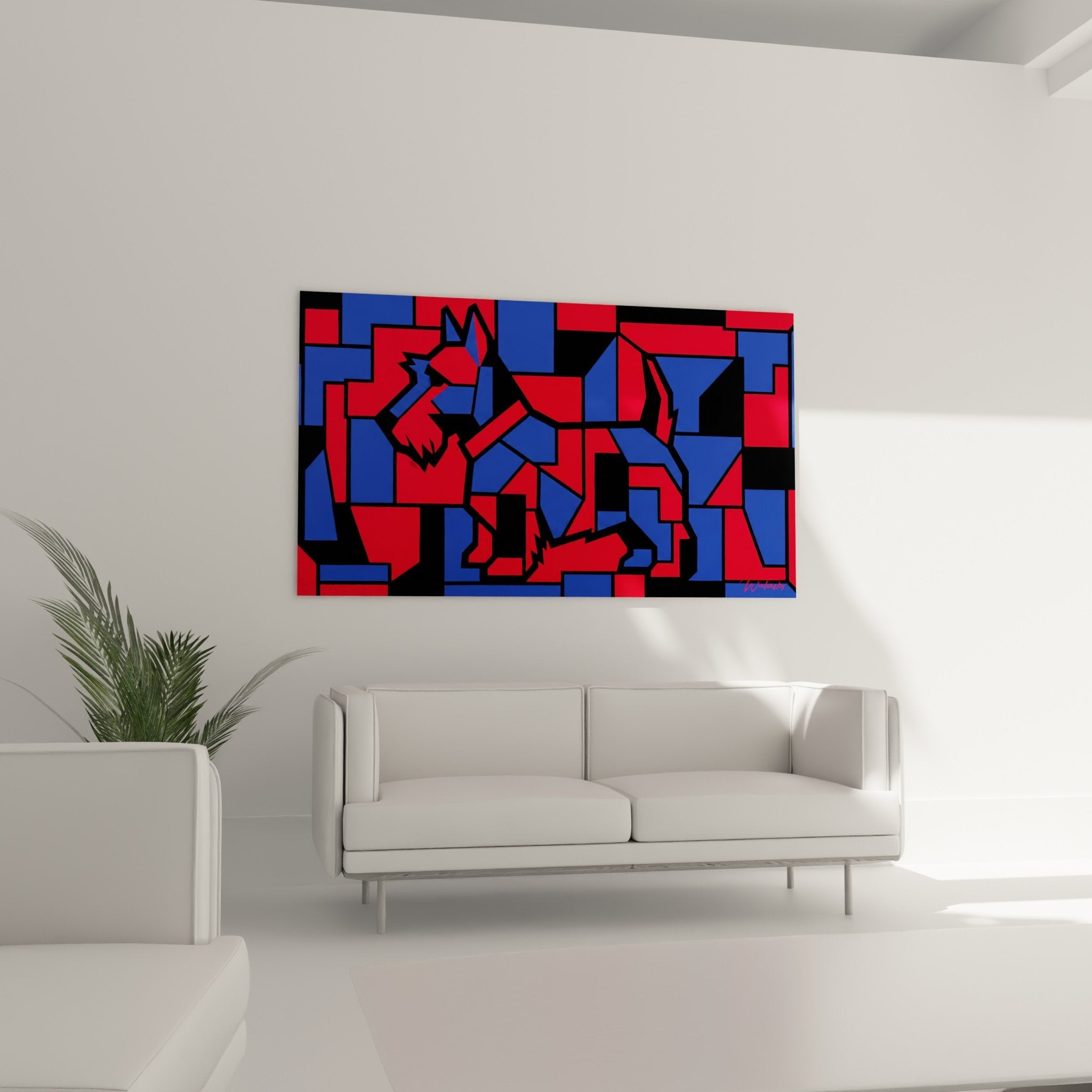 Détail rapproché tableau Scottish Terrier mosaïque géométrique couleurs rouge bleu art contemporain