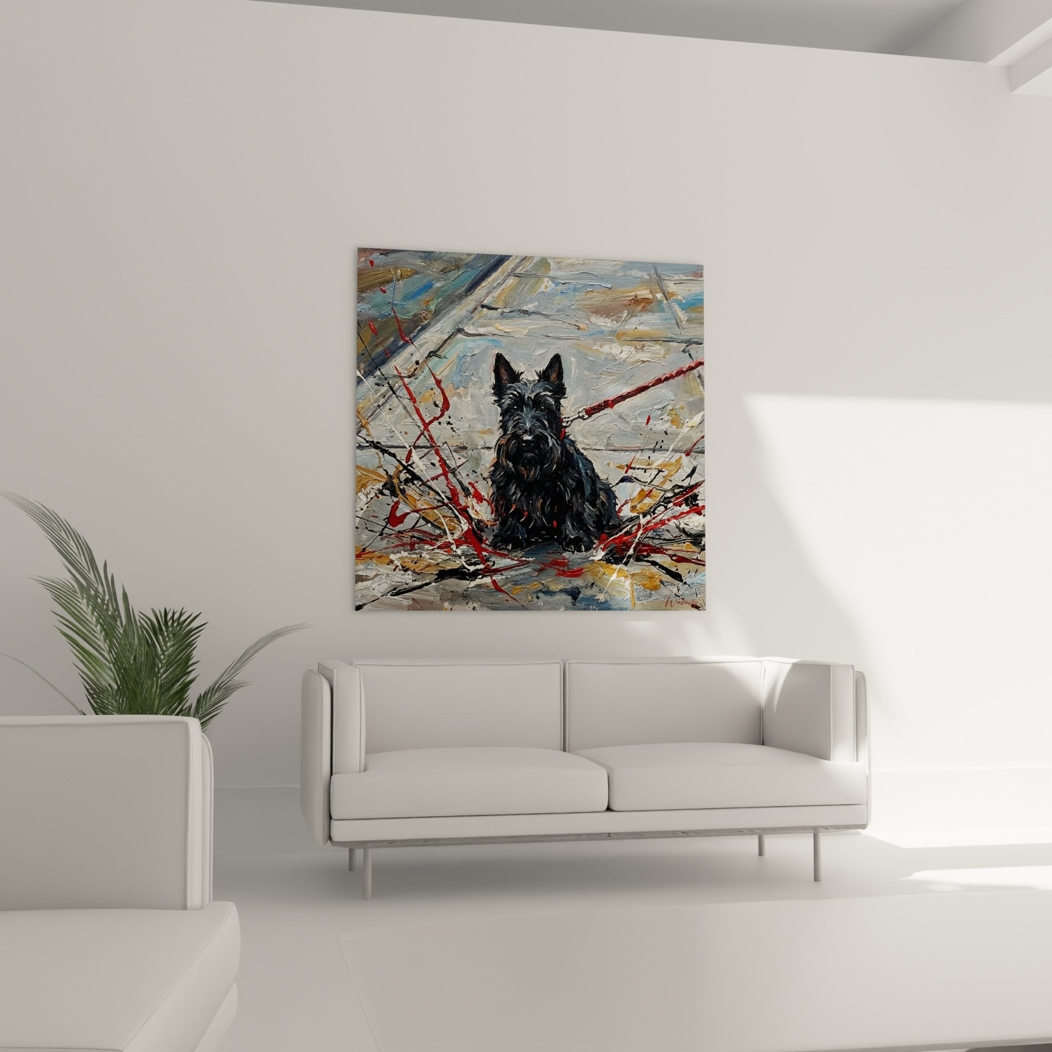 Detail tableau Scottish Terrier noir pelage texture peinture eclaboussures colorees rouge bleu ocre