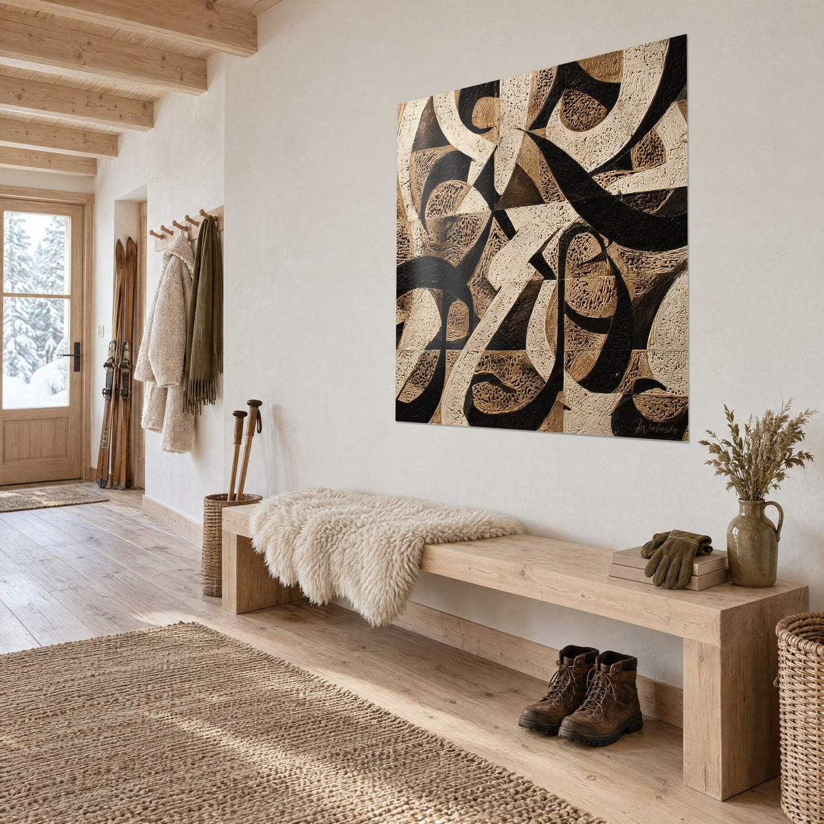 Cuadro con letras ornamentales en relieve, volutas de ébano y marfil sobre fondo arena, vista de tres cuartos, entrada de un chalet de madera clara