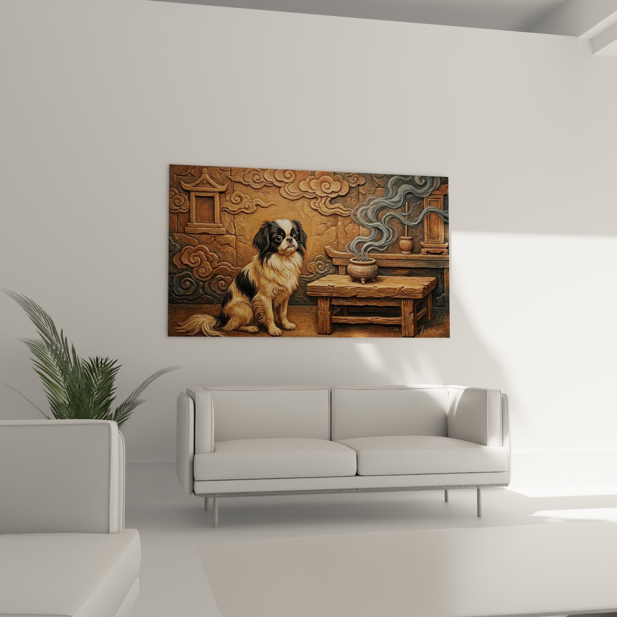 Detail of raised relief dog sculpture painting Japanese golden black fur Oriental temple decor