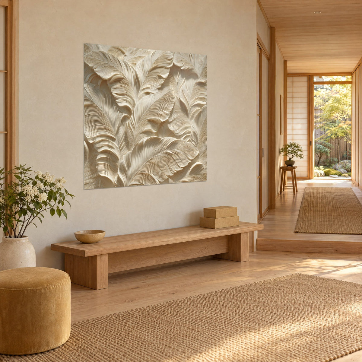 Quadro con fronde avorio incise da solchi dorati, rilievi intrecciati su parete color crema, vista di tre quarti in un corridoio japandi