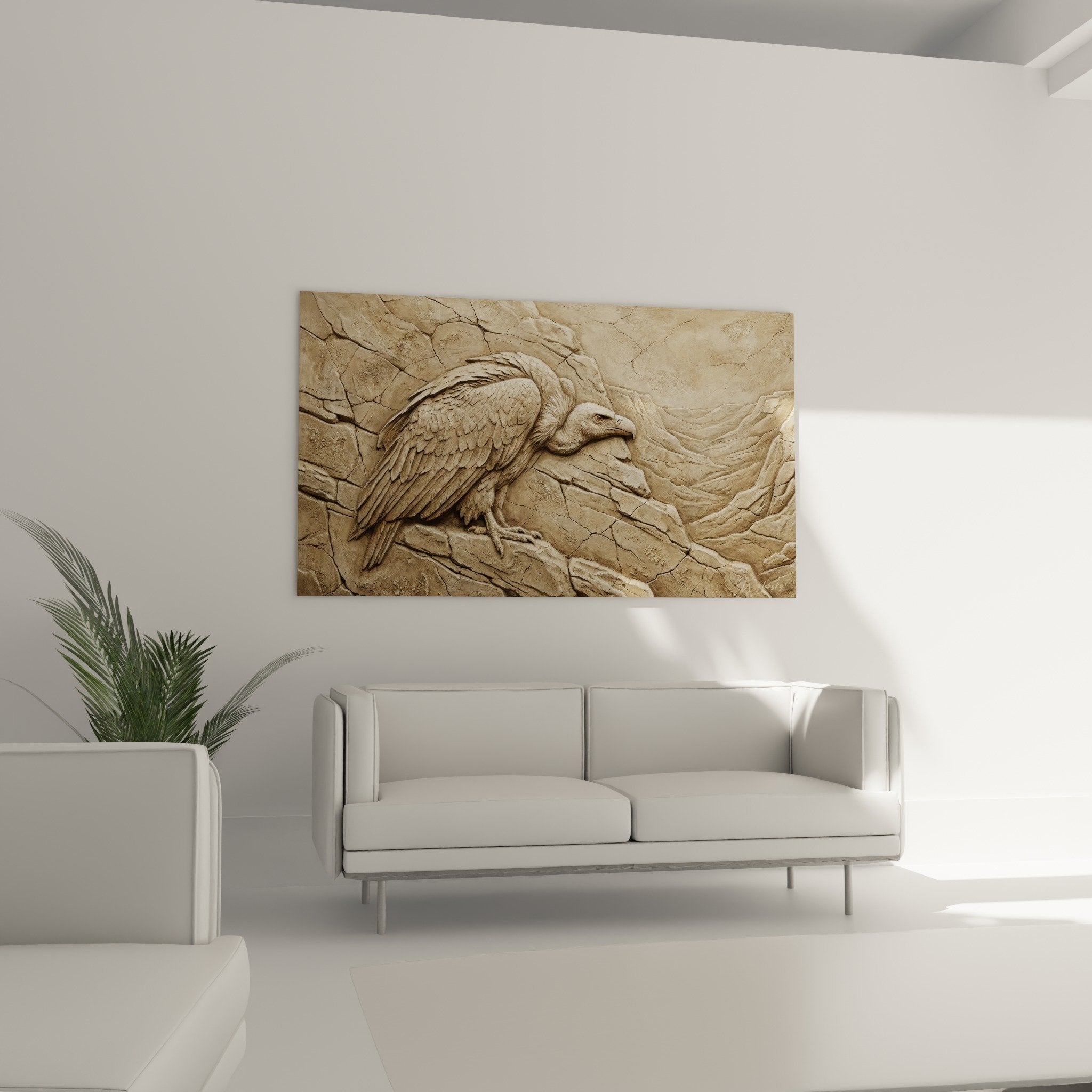 Gros plan sculpture vautour pierre beige detail plumes ciselee texture craquelures authentiques
