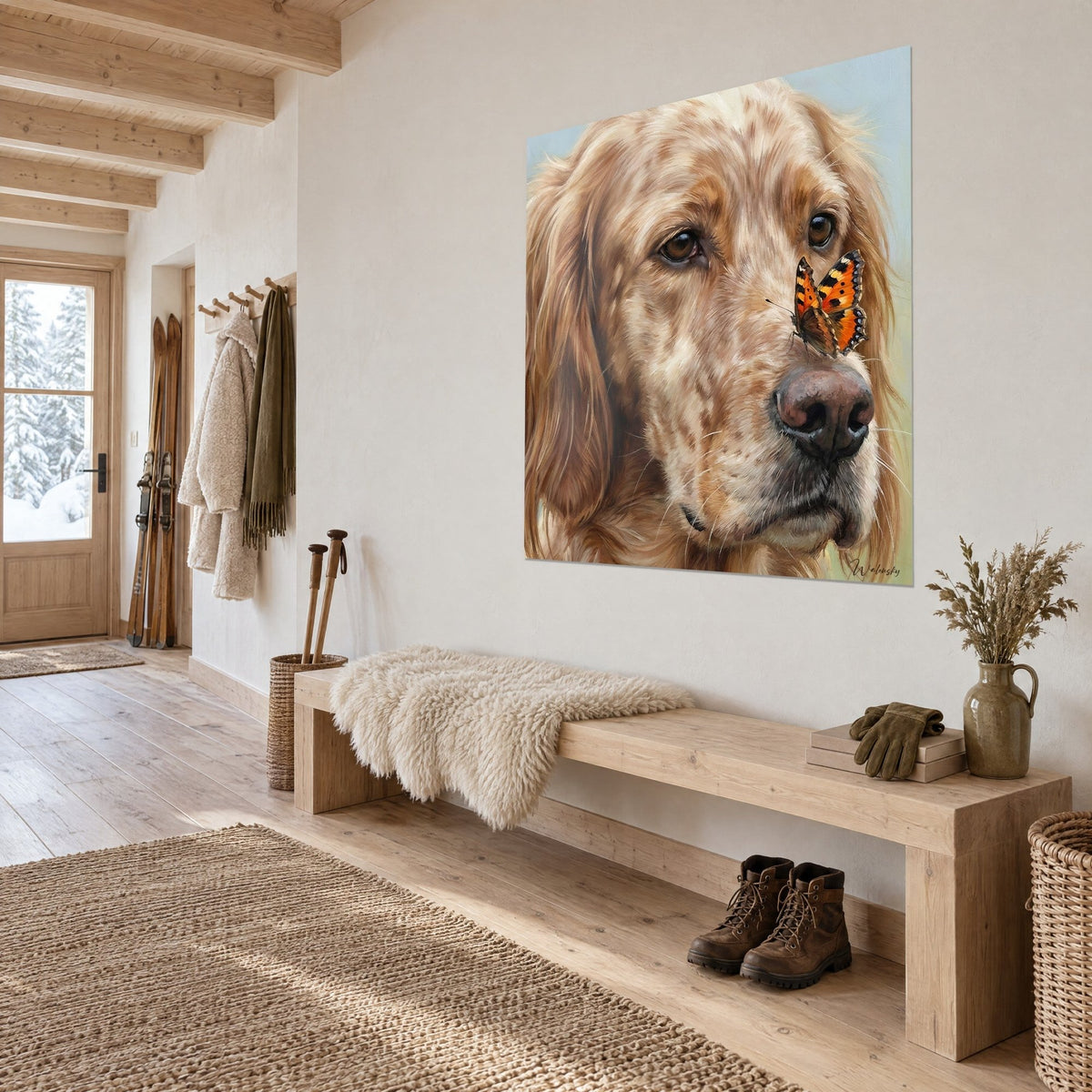 Cuadro perro de orejas de cobre con flecos y hocico marrón, mariposa naranja y negra, banco de madera clara, chalet