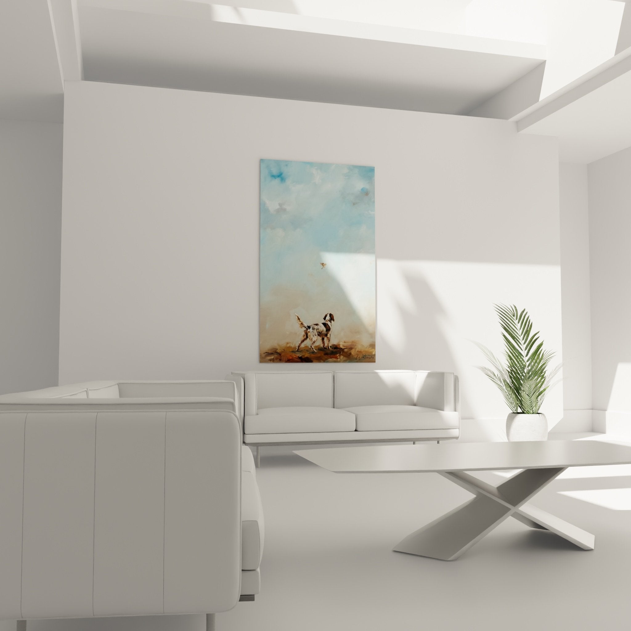 Dettaglio pittura cane Setter Inglese mantello macchiato bianco rosso posizione ferma caccia artistica