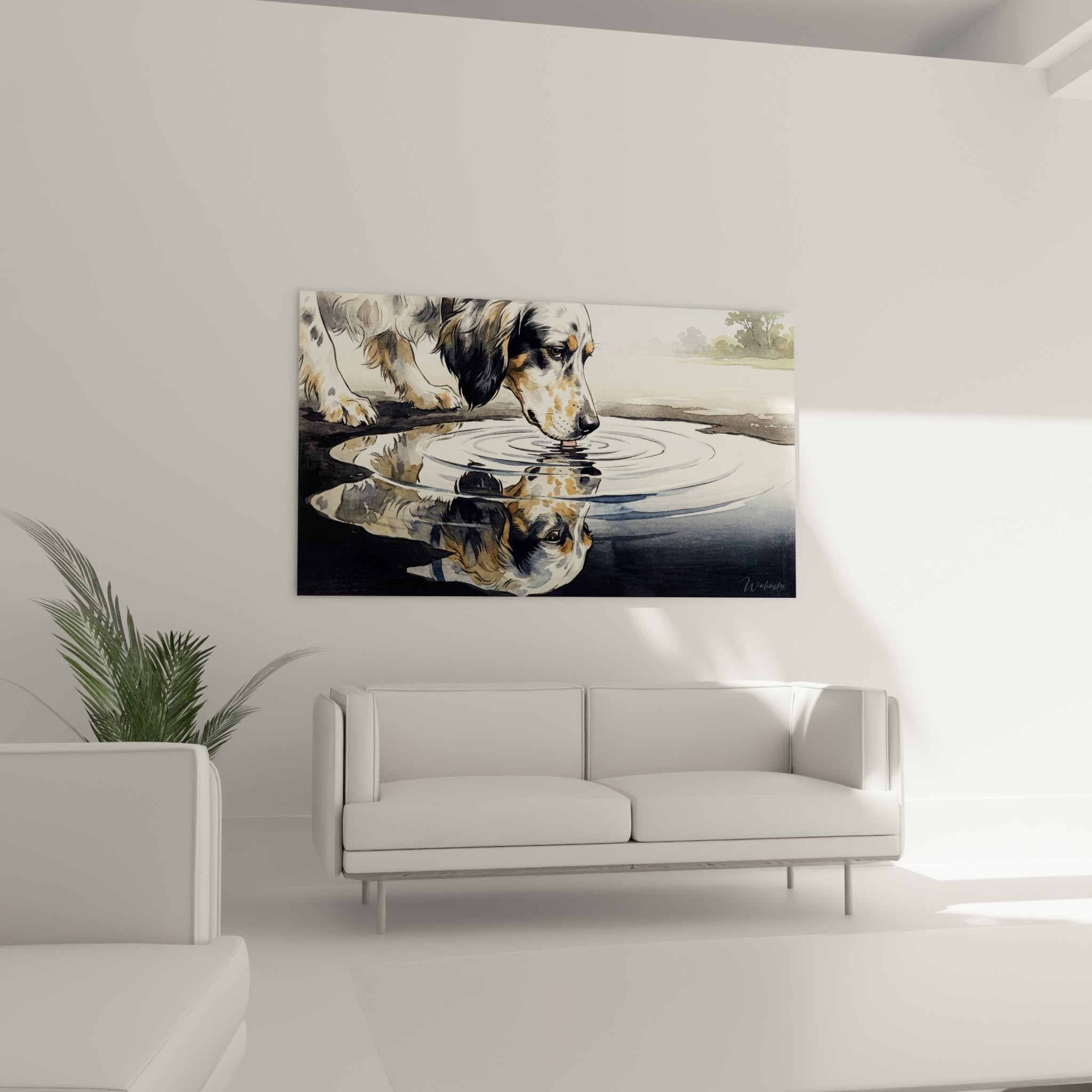 detail aquarelle setter anglais pelage tachete reflet eau ondulations concentrures artistique