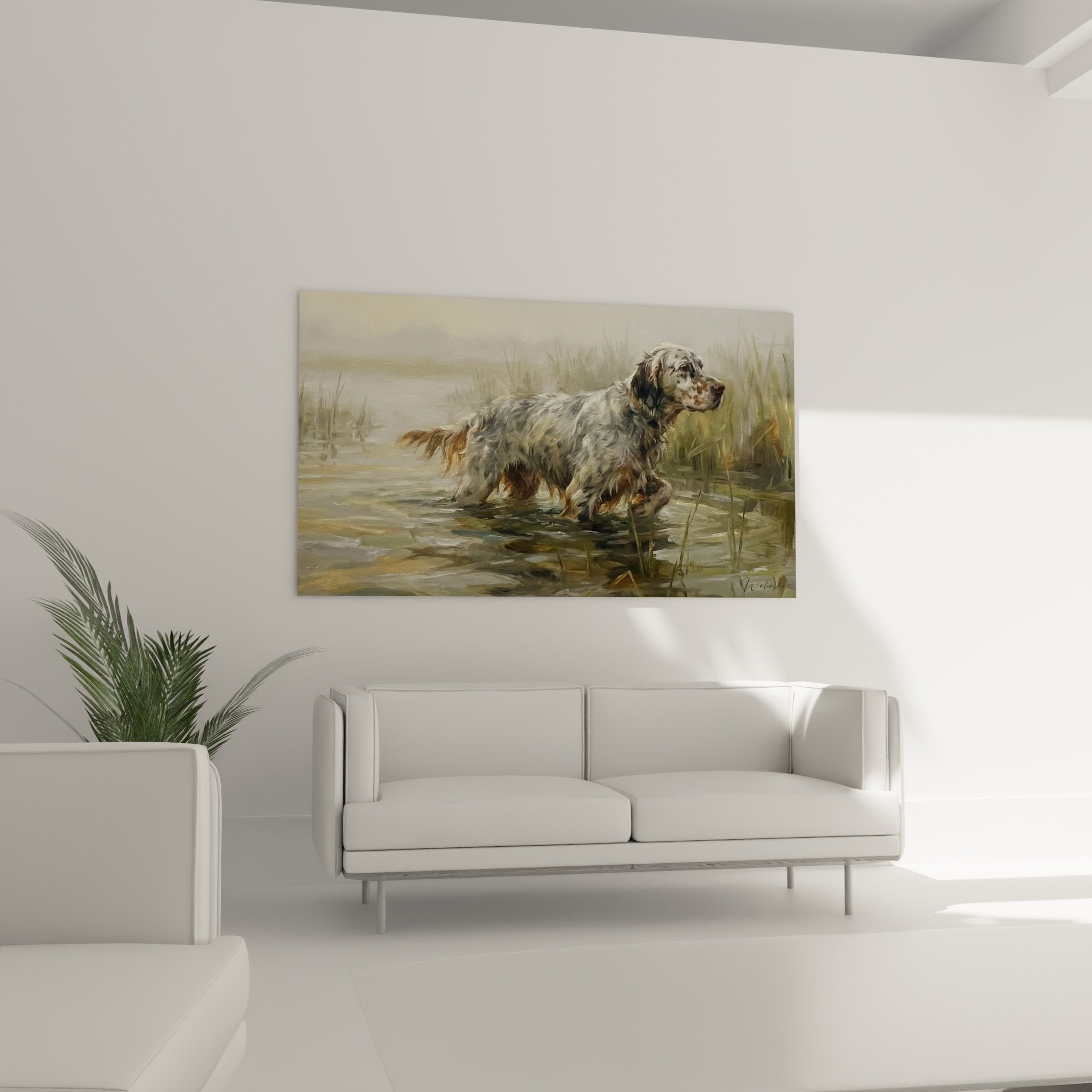 Dettaglio quadro setter inglese acquatico, abito maculato bianco marrone ramato, tecnica acquarello riflessi acqua