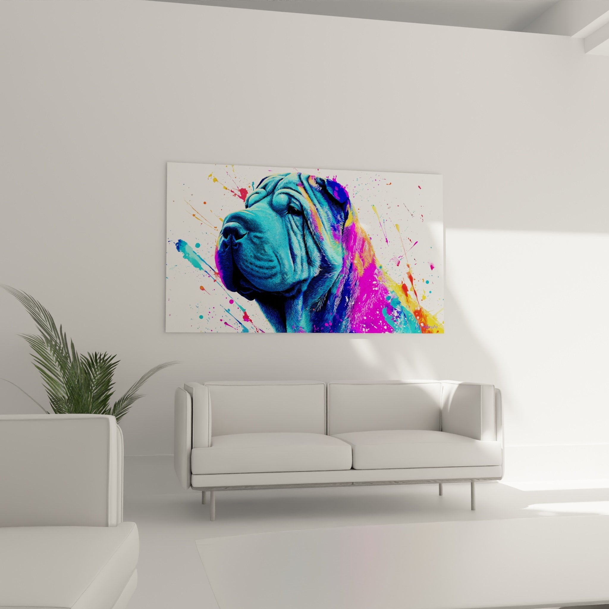 Nahaufnahme Portrait blauer Shar Pei mit rosa-fuchsia und goldgelben Farbprojektionen