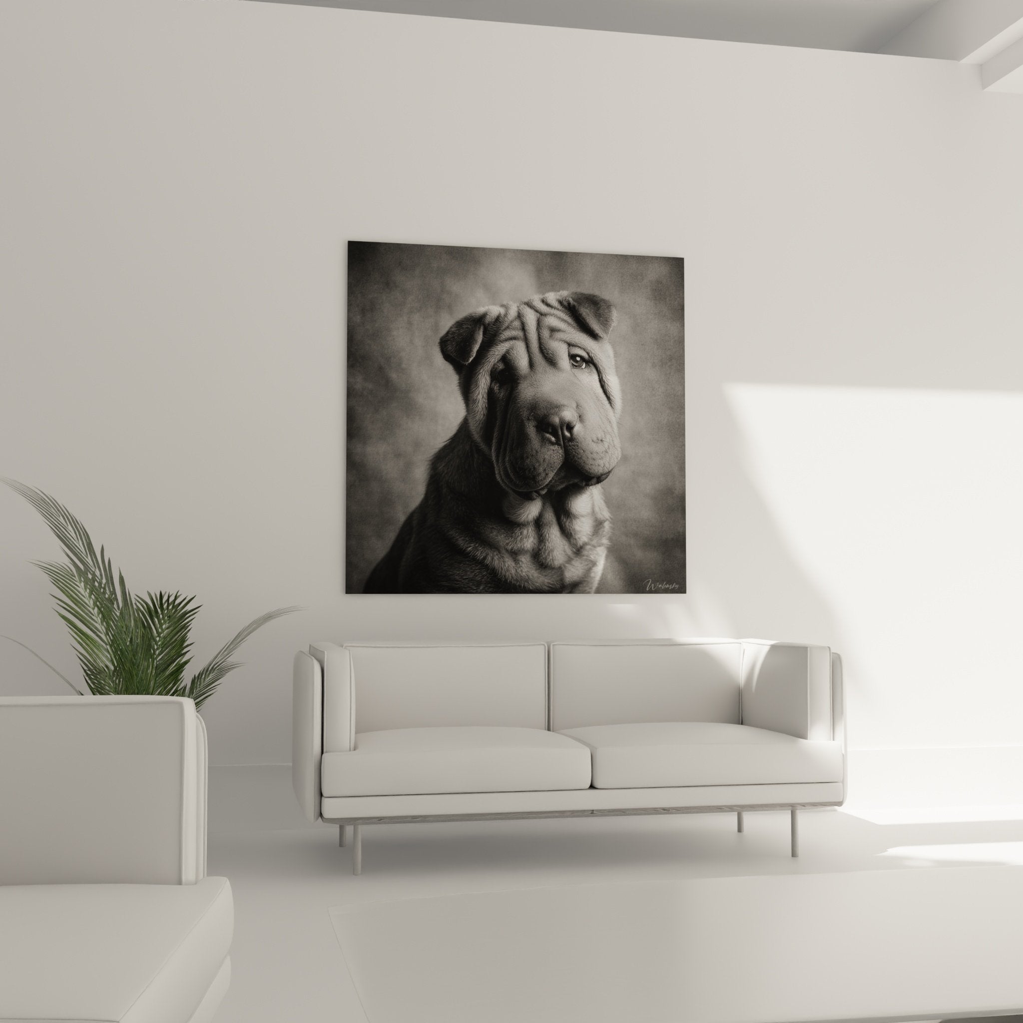 Détail portrait Shar Pei monochrome texture rides caractéristiques œil expressif nuances gris photographie artistique