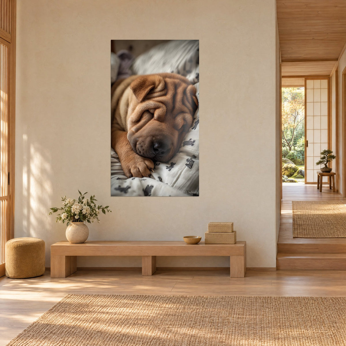 Tableau portrait de chien aux plis cuivrés, drap blanc imprimé de petits chiens noirs, banc en bois clair, salon japandi