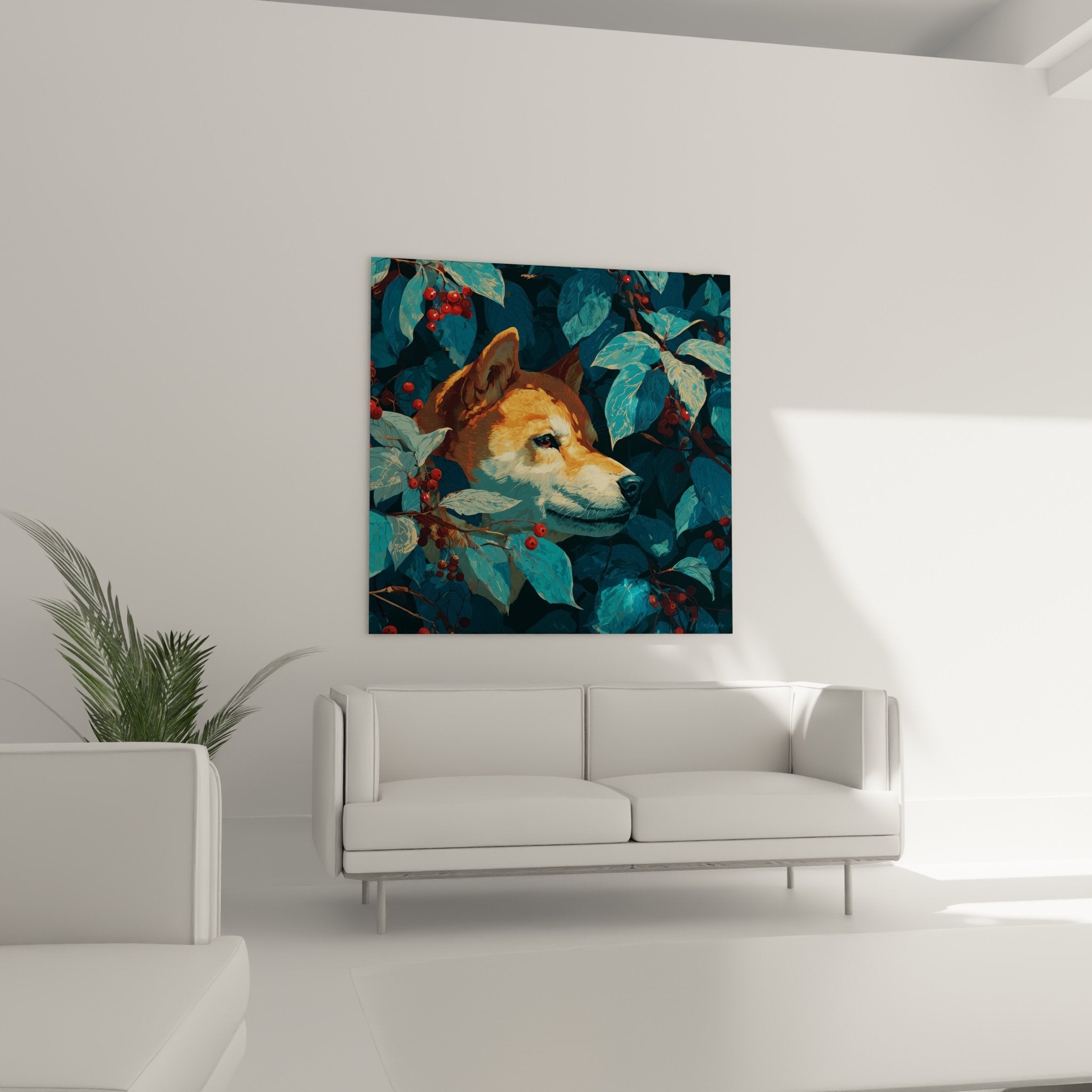 Close-up detail of golden-toned Shiba Inu amid turquoise foliage and scarlet berries, artistic rendering