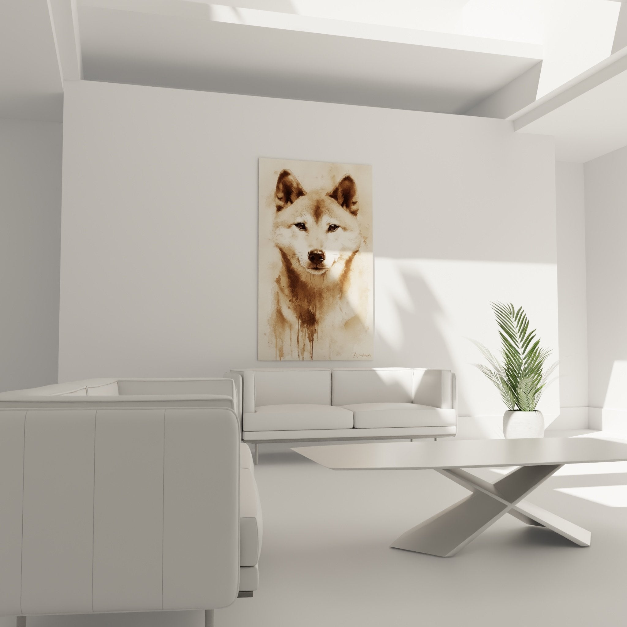 Detail portrait shiba inu aquarelle sepia yeux expressifs museau fin couleurs chaudes