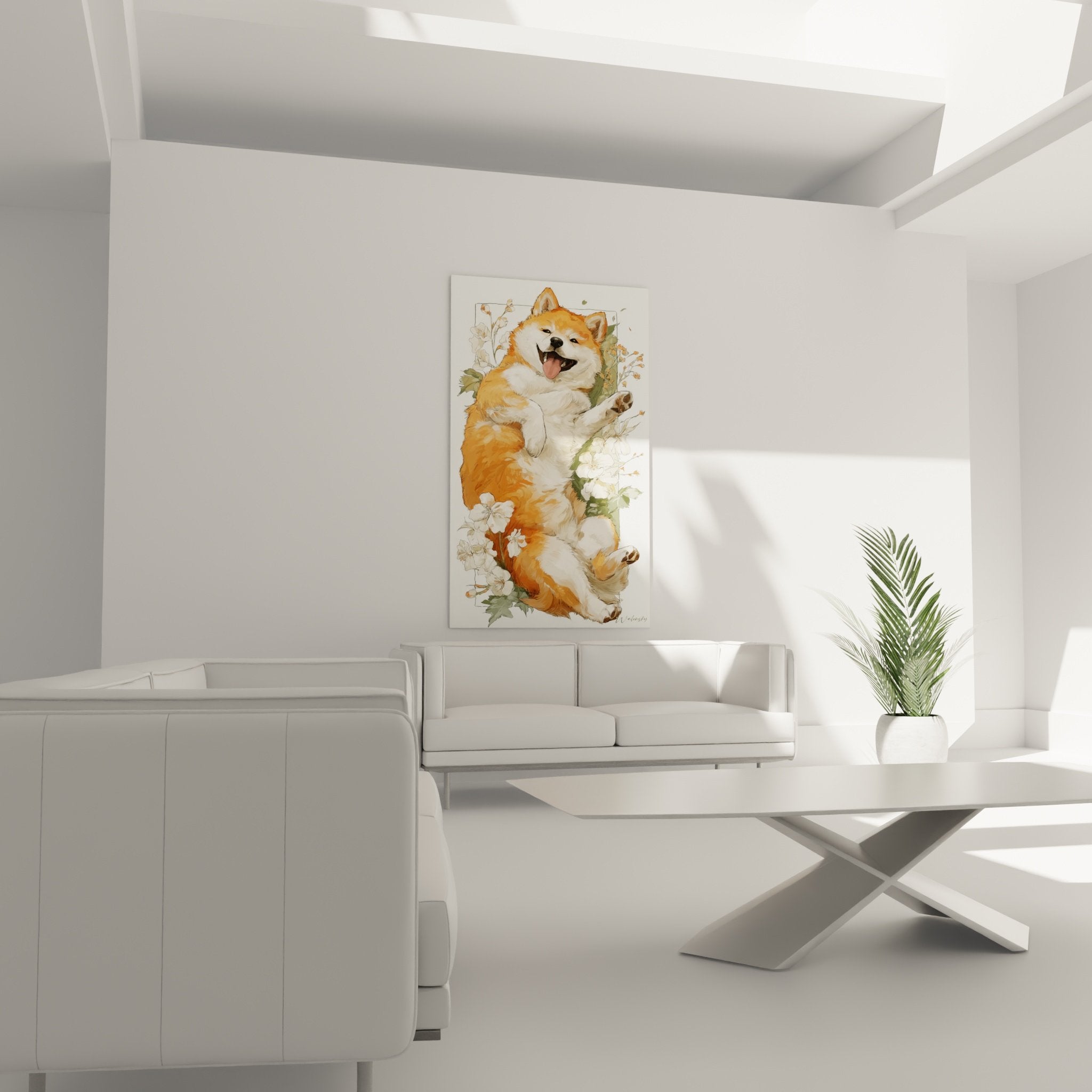 Close-up detail of smiling Shiba Inu with orange and white coat surrounded by white flowers artistic floral composition
