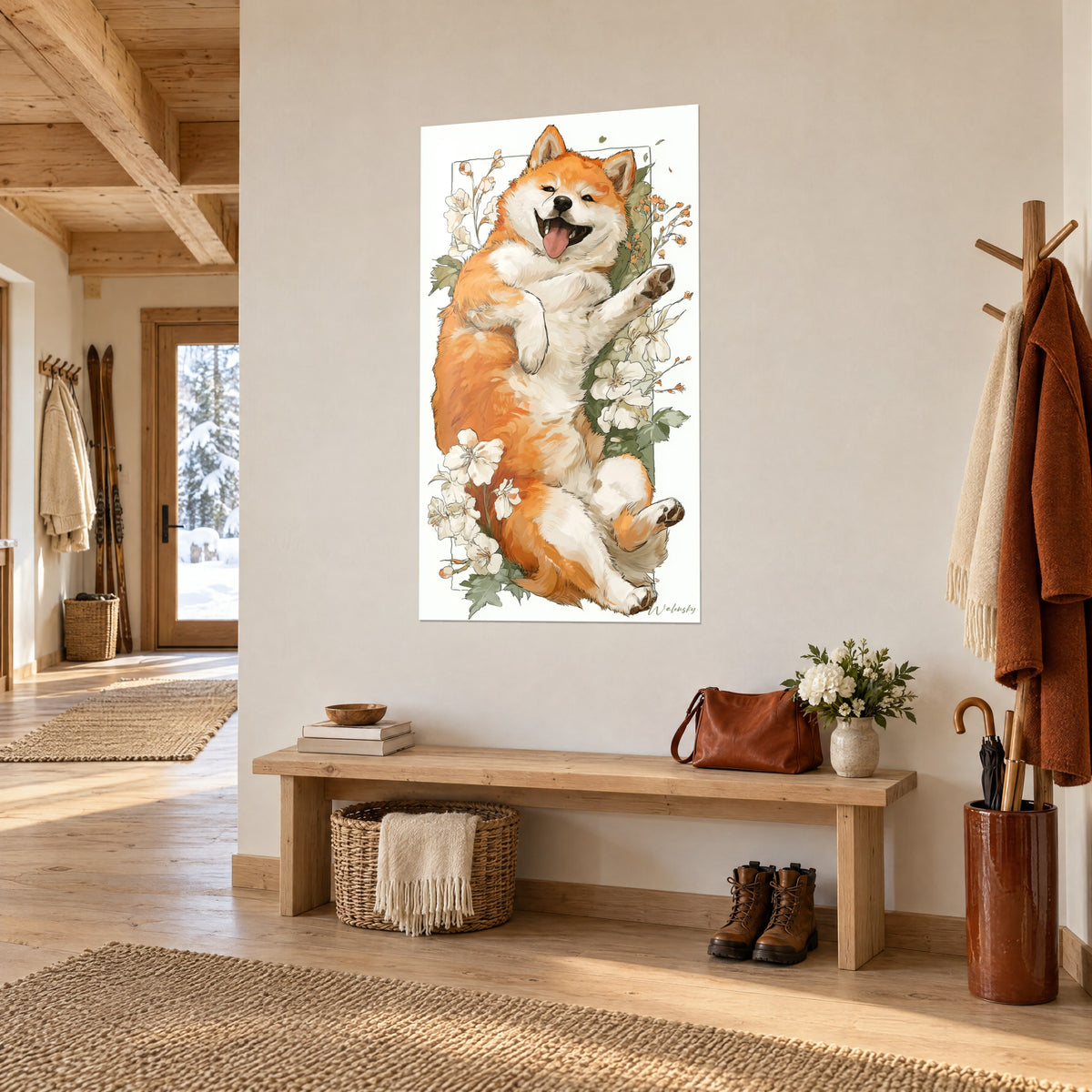 Wall art Shiba Inu lying on its back, bright orange and white coat surrounded by sage green leaves, in the entrance of a chalet