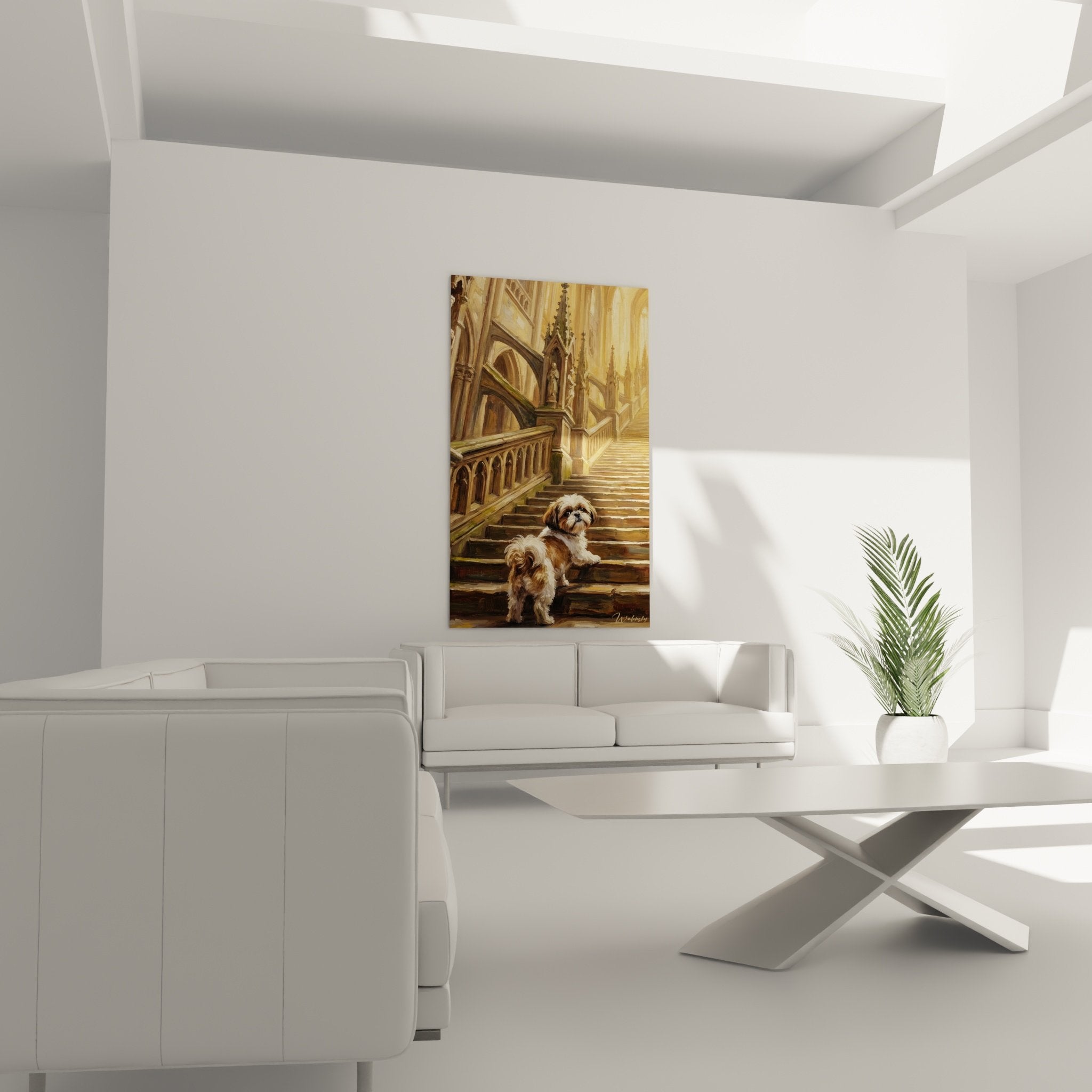 Détail rapproché des deux Shih Tzu sur marches de pierre avec textures architecturales gothiques visibles